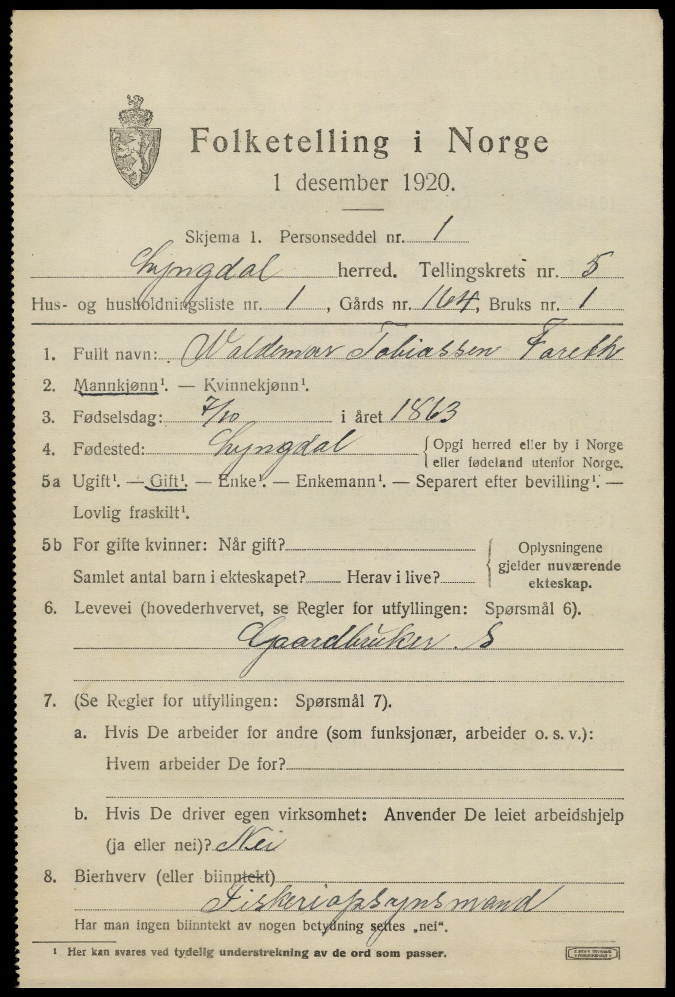 SAK, 1920 census for Lyngdal, 1920, p. 3005