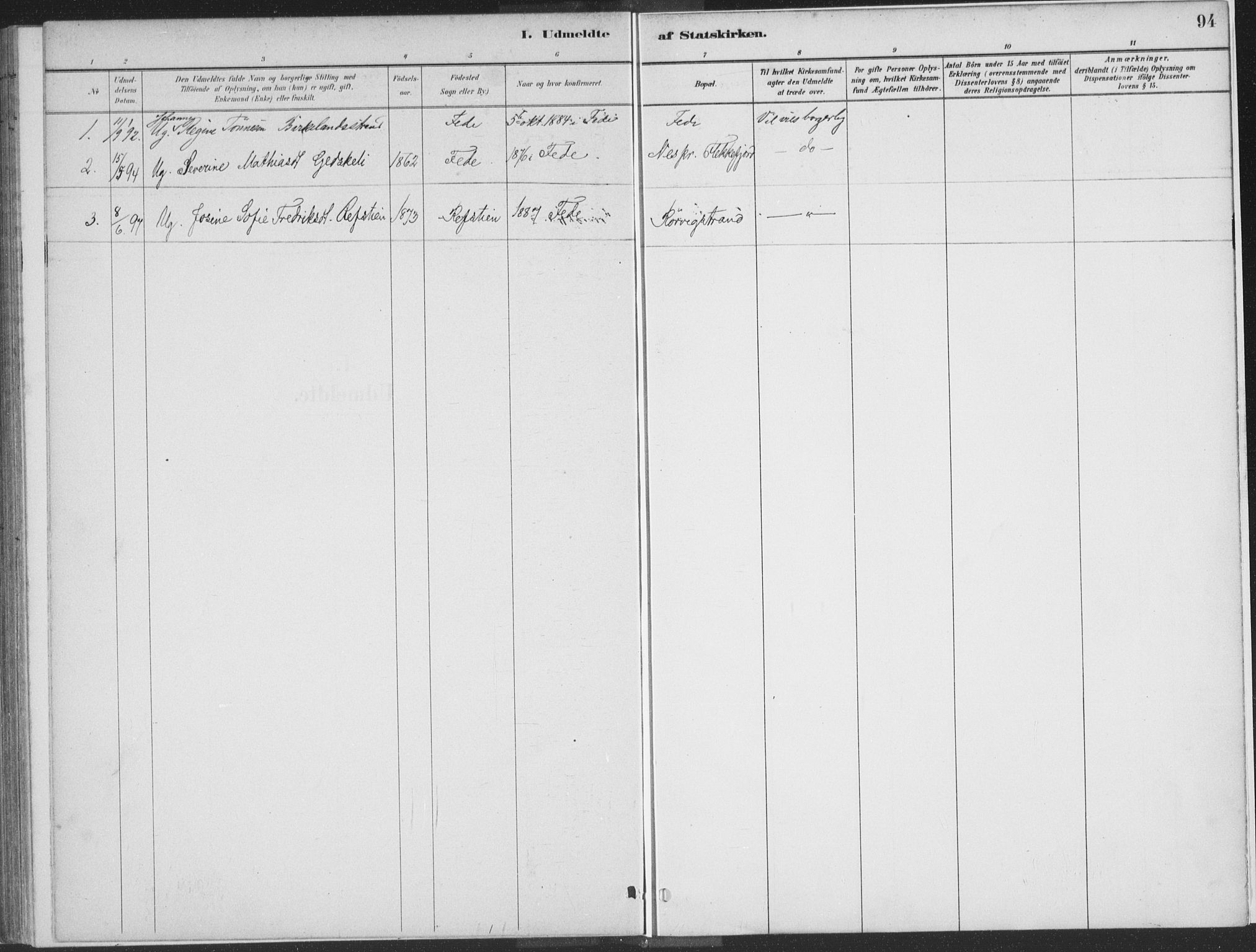 Kvinesdal sokneprestkontor, SAK/1111-0026/F/Fa/Faa/L0004: Parish register (official) no. A 4, 1882-1897, p. 94