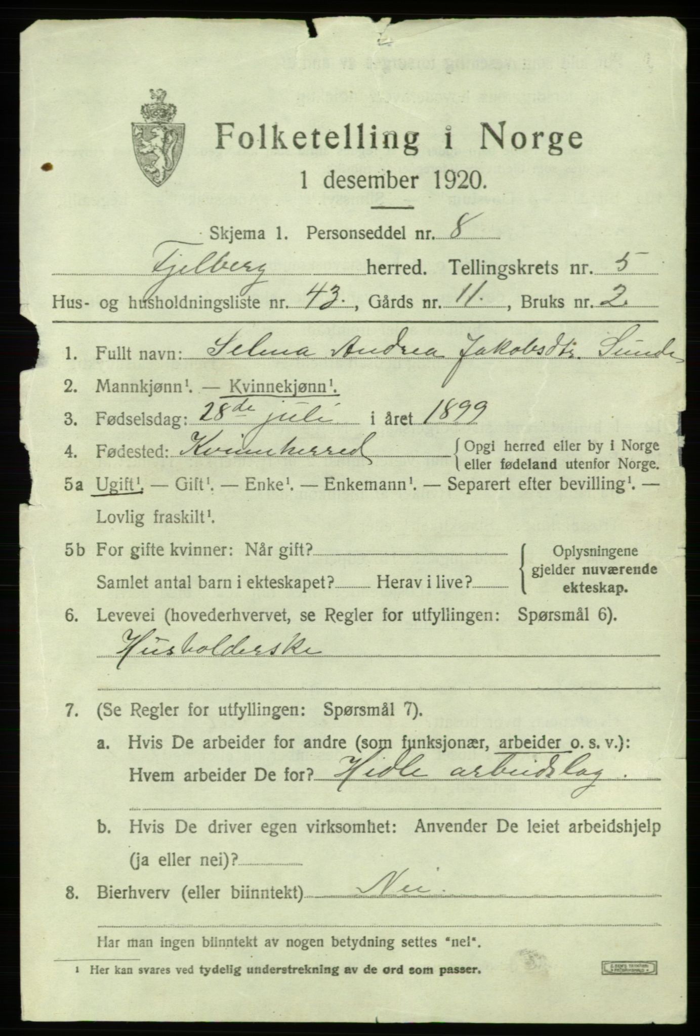 SAB, 1920 census for Fjelberg, 1920, p. 2179