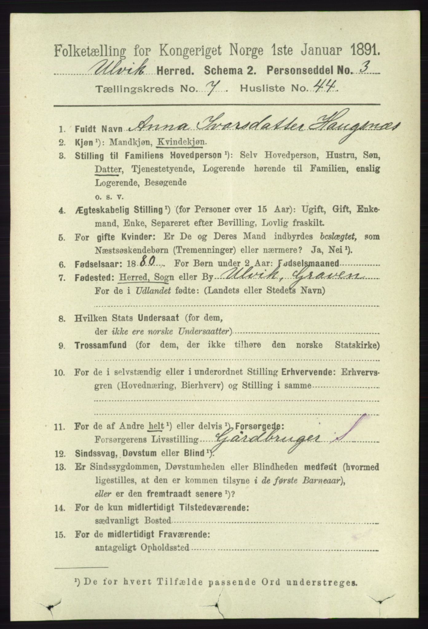 RA, 1891 census for 1233 Ulvik, 1891, p. 2523