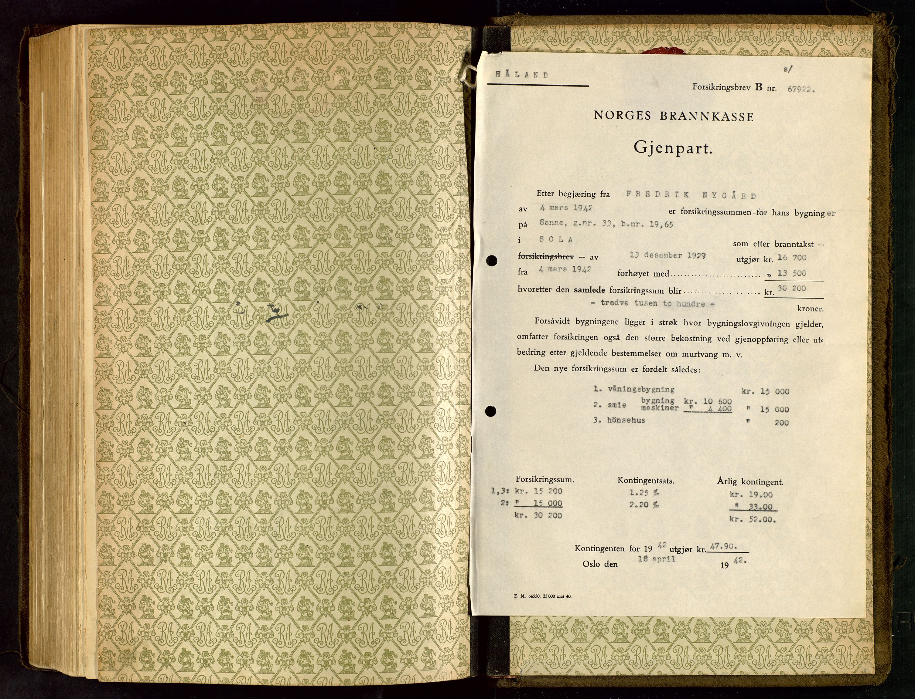 Håland lensmannskontor, AV/SAST-A-100100/Go/L0005: "Brandtakstprotokoll"  Register i boken., 1929-1948