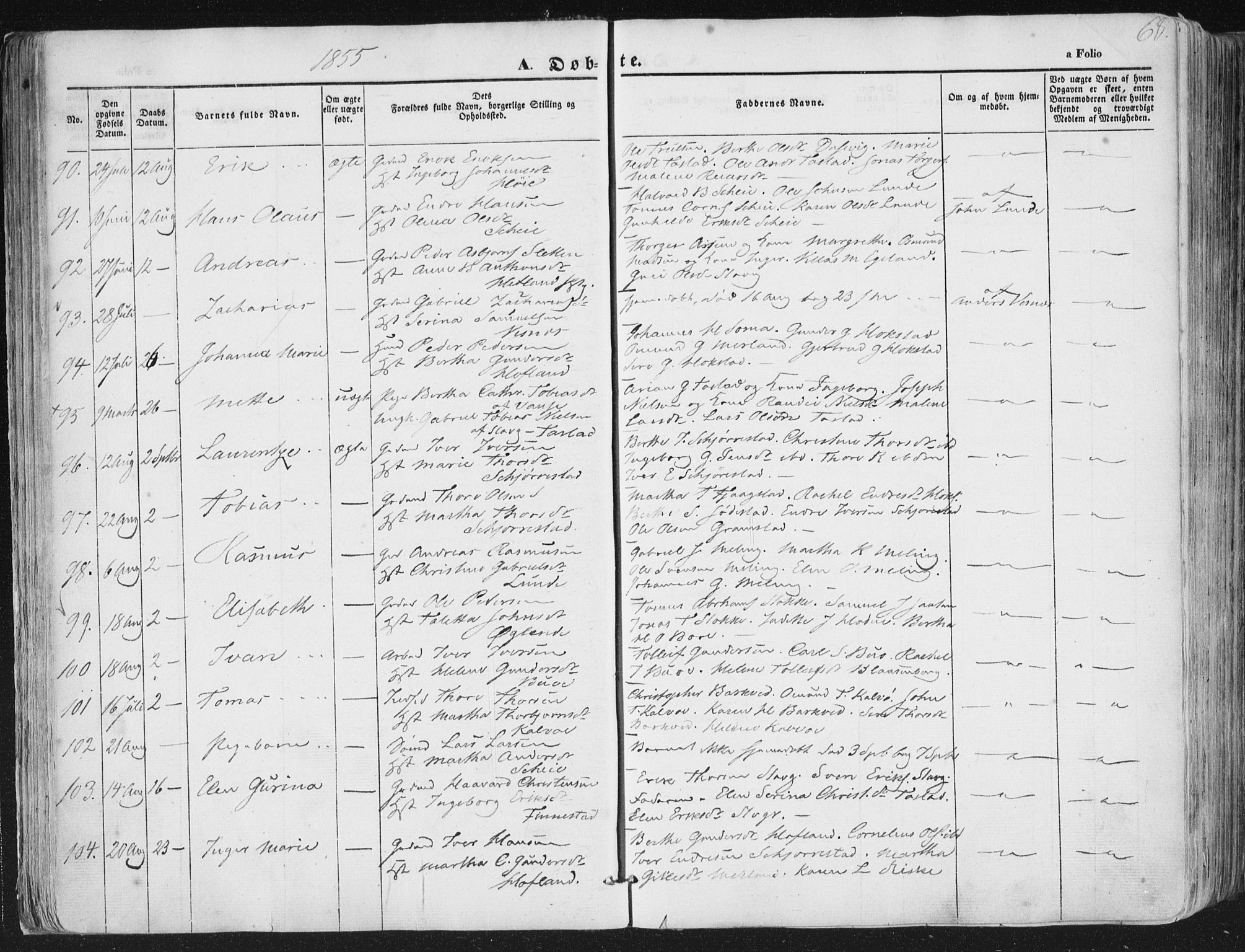 Hetland sokneprestkontor, AV/SAST-A-101826/30/30BA/L0002: Parish register (official) no. A 2, 1849-1869, p. 68