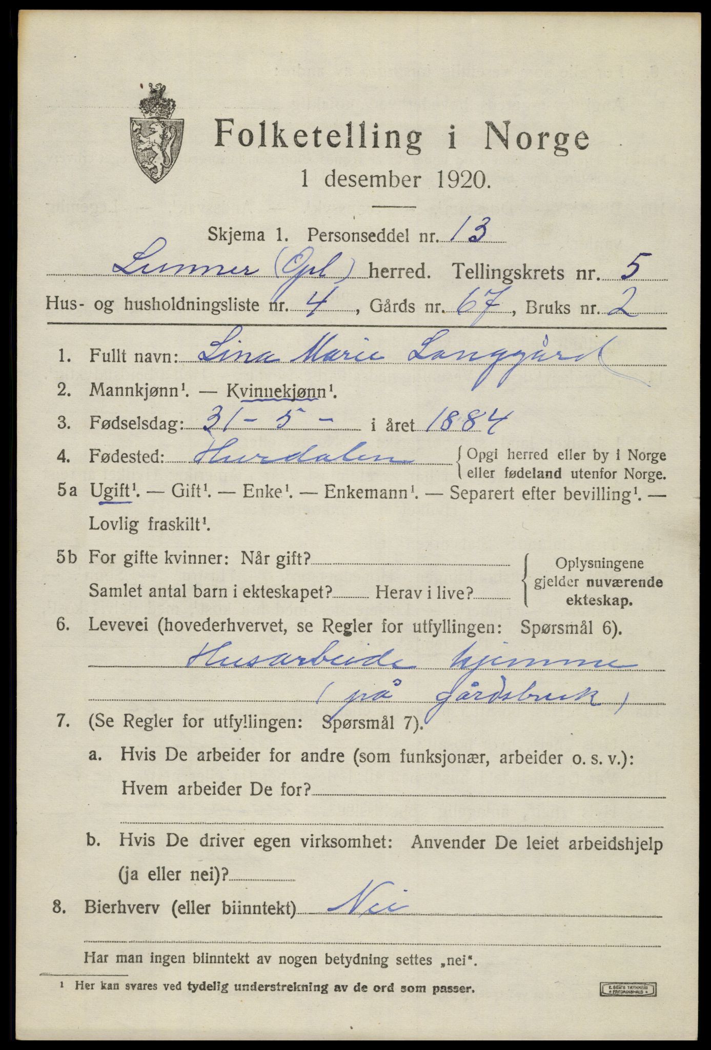 SAH, 1920 census for Lunner, 1920, p. 6993