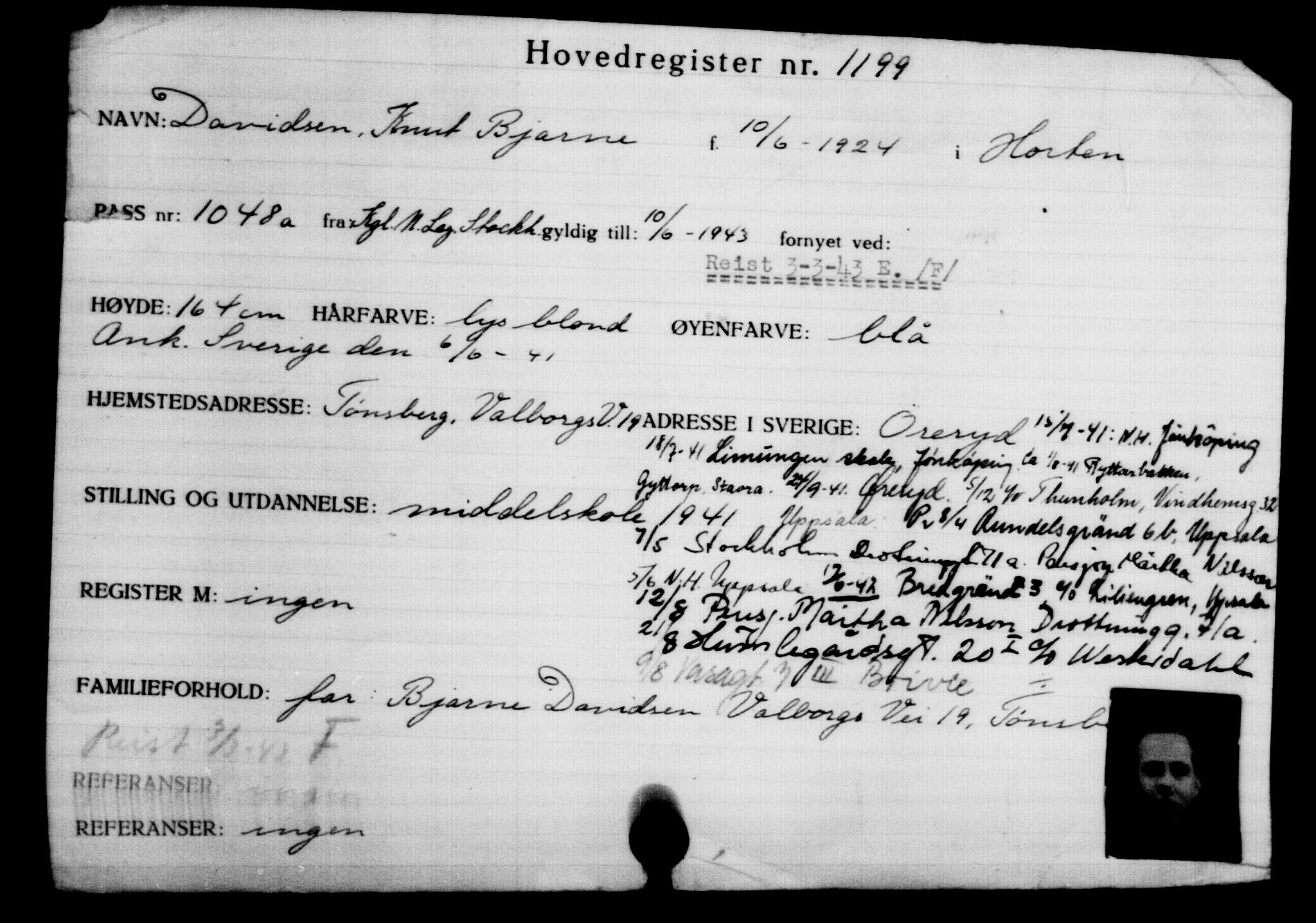 Utenriksstasjonene, Legasjonen i Stockholm, Flyktningkontoret, AV/RA-S-6753/V/Va/L0002: Kjesäterkartoteket, flyktninger med registreringsnr. 1001-2000, 1940-1945, p. 303