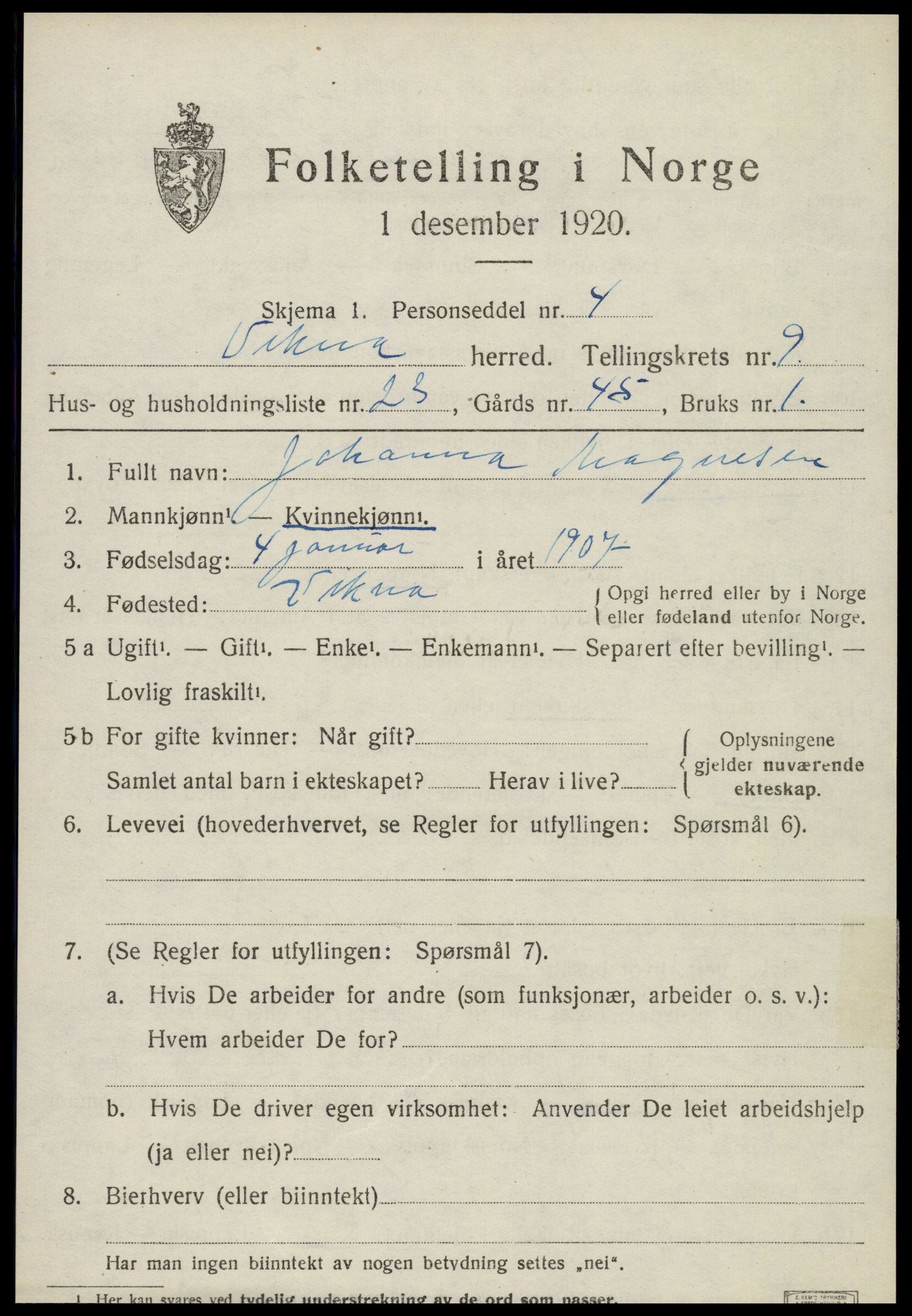 SAT, 1920 census for Vikna, 1920, p. 6671