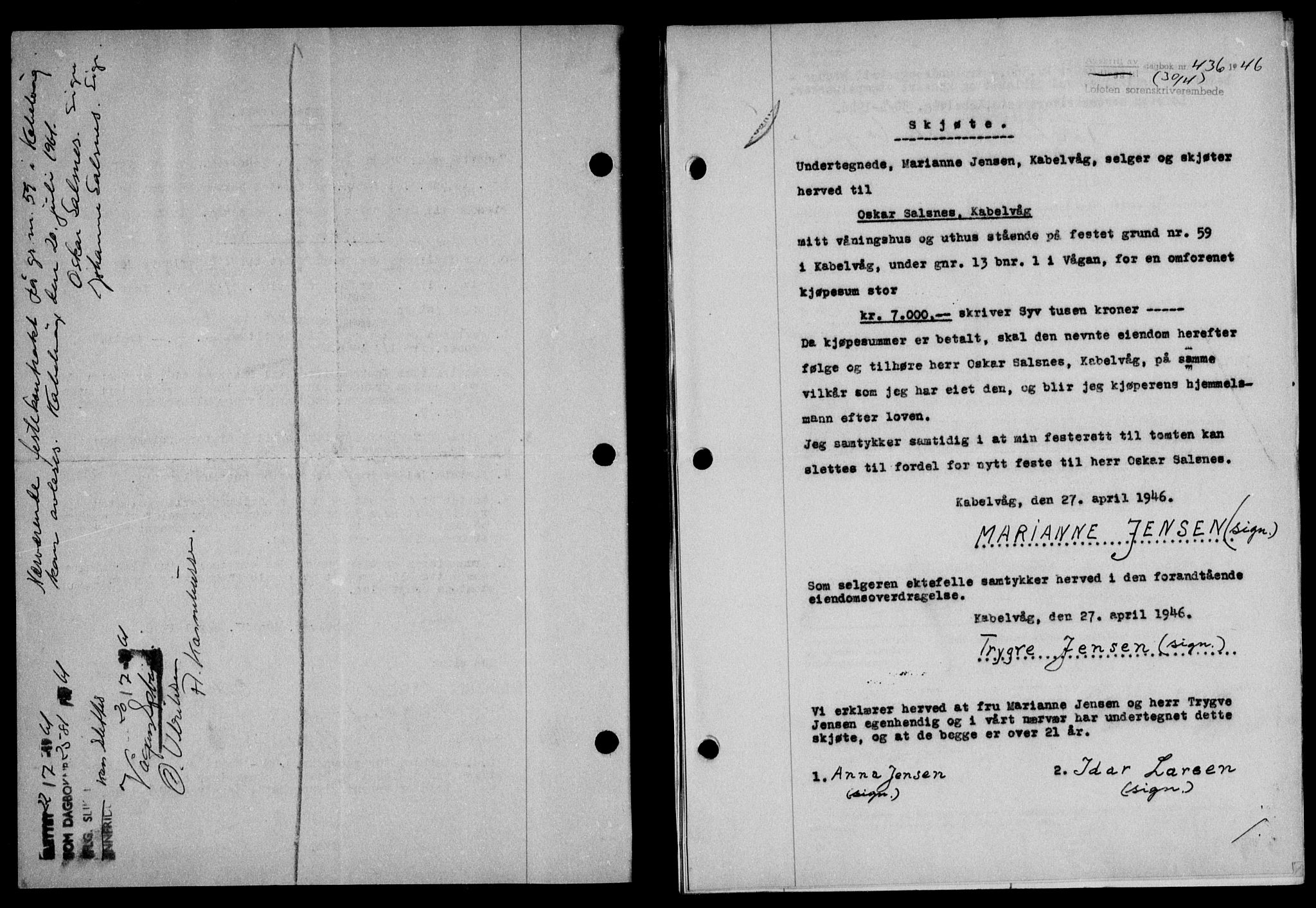 Lofoten sorenskriveri, SAT/A-0017/1/2/2C/L0014a: Mortgage book no. 14a, 1946-1946, Diary no: : 436/1946