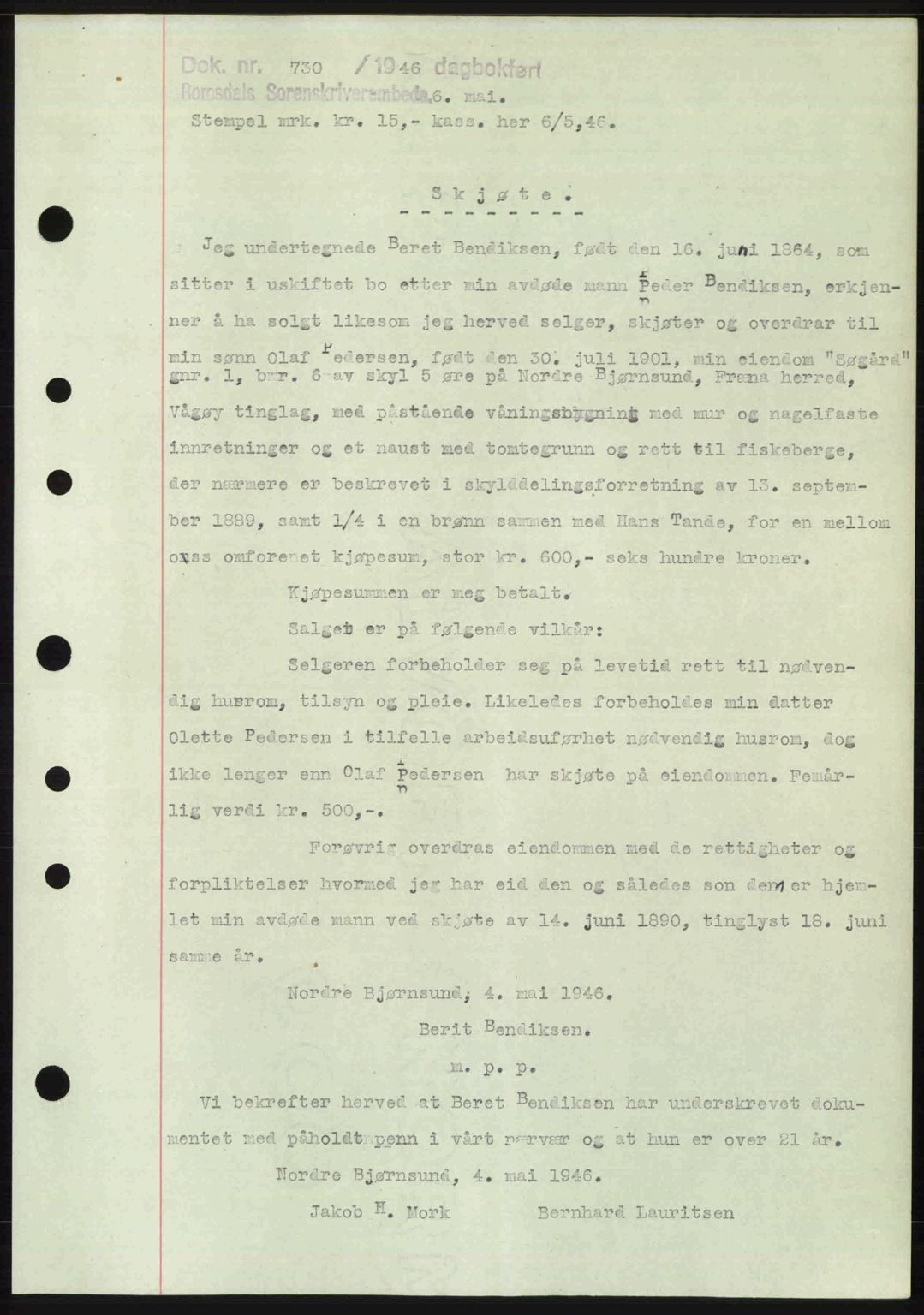 Romsdal sorenskriveri, SAT/A-4149/1/2/2C: Mortgage book no. A19, 1946-1946, Diary no: : 730/1946