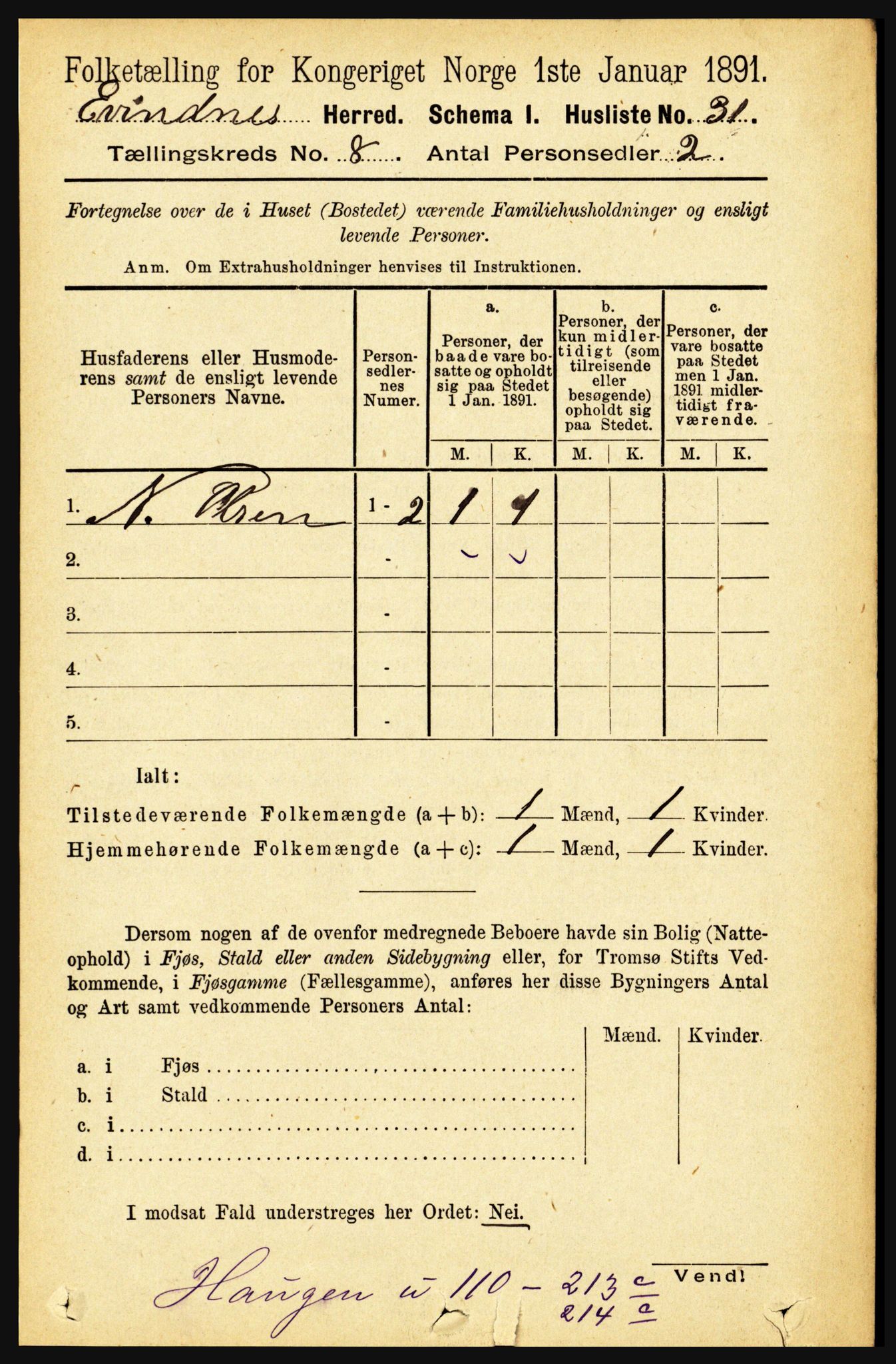 RA, 1891 census for 1853 Evenes, 1891, p. 2504