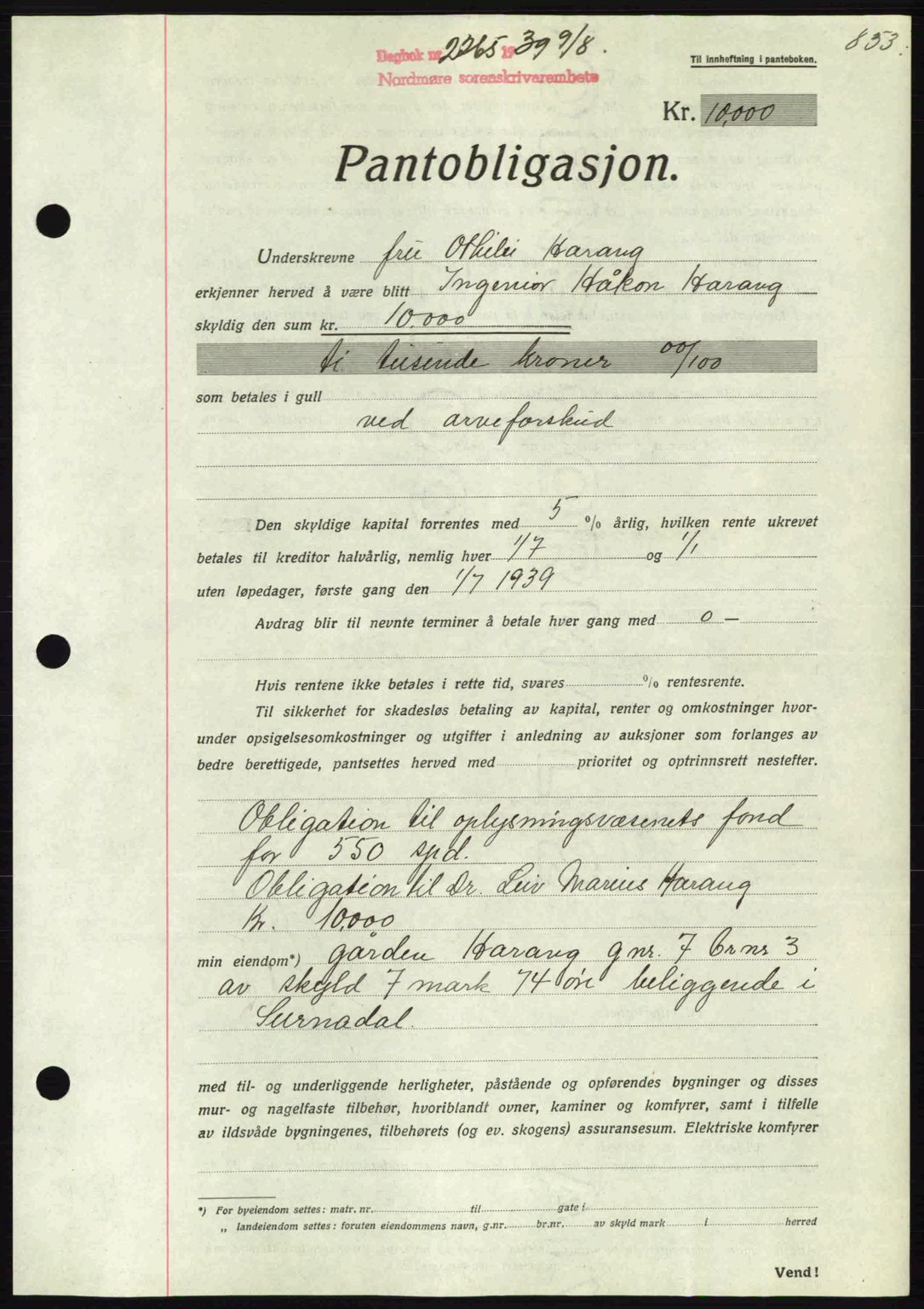 Nordmøre sorenskriveri, AV/SAT-A-4132/1/2/2Ca: Mortgage book no. B85, 1939-1939, Diary no: : 2265/1939