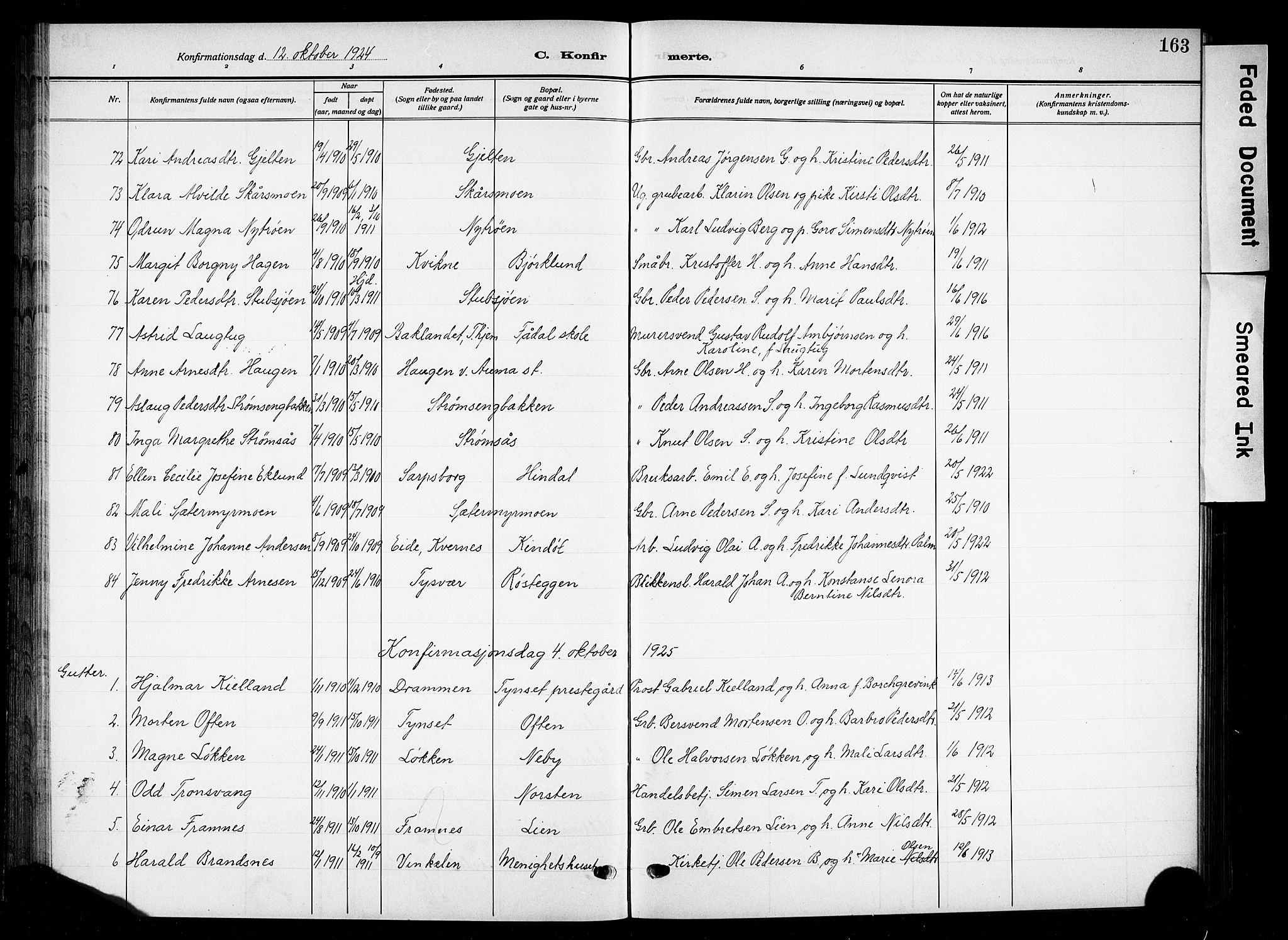 Tynset prestekontor, SAH/PREST-058/H/Ha/Hab/L0011: Parish register (copy) no. 11, 1915-1930, p. 163