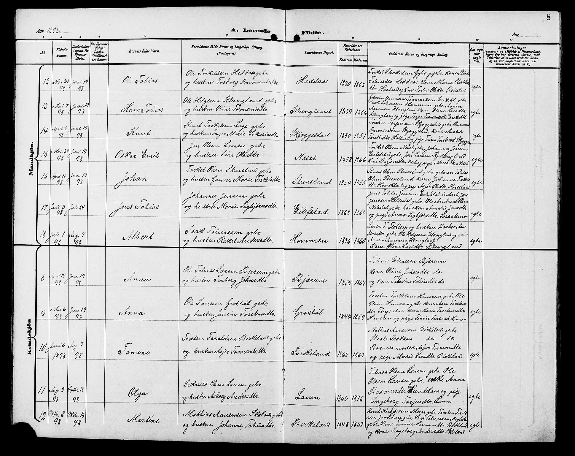 Hægebostad sokneprestkontor, AV/SAK-1111-0024/F/Fb/Fba/L0004: Parish register (copy) no. B 4, 1897-1907, p. 8