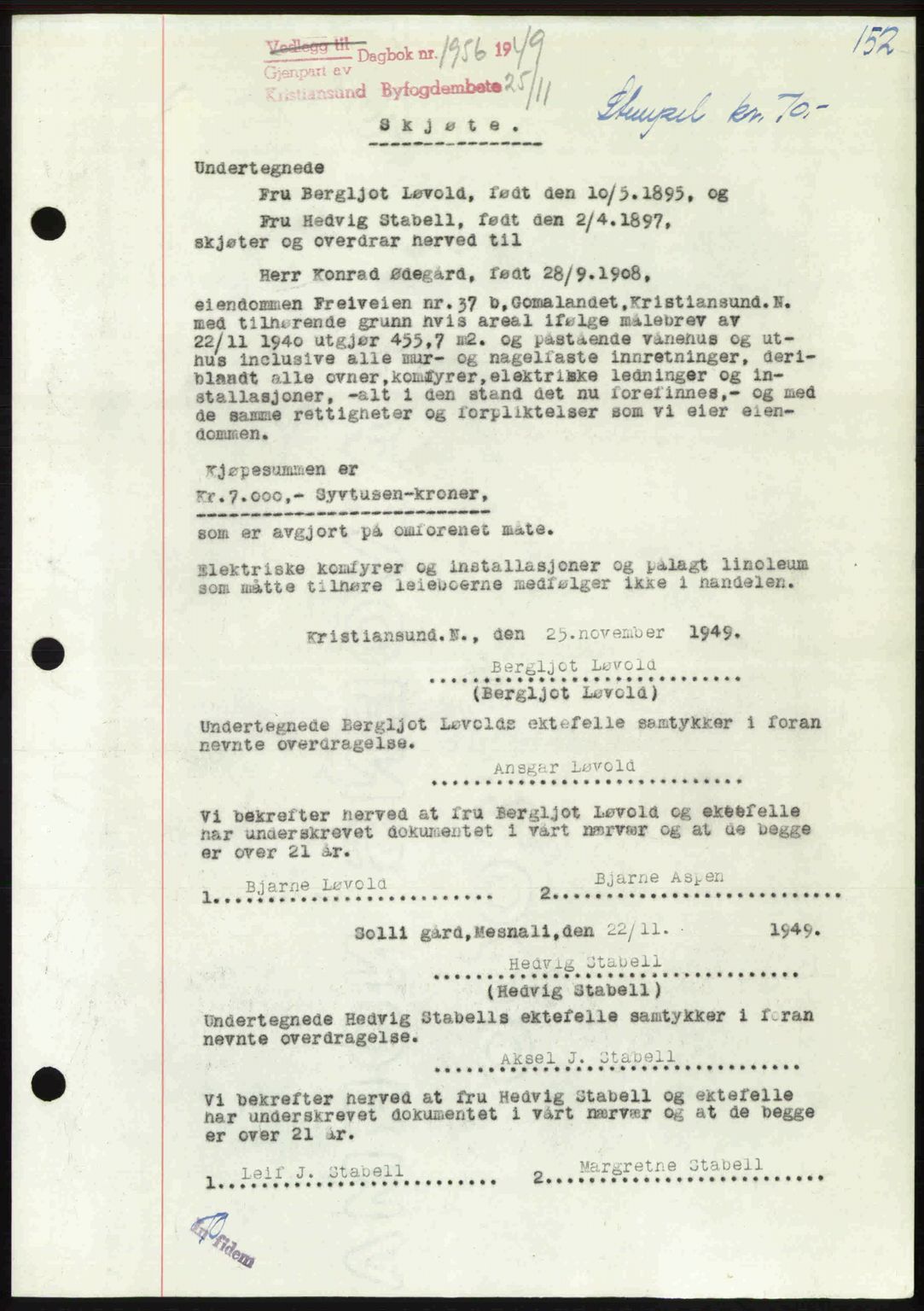 Kristiansund byfogd, AV/SAT-A-4587/A/27: Mortgage book no. 46, 1949-1950, Diary no: : 1956/1949