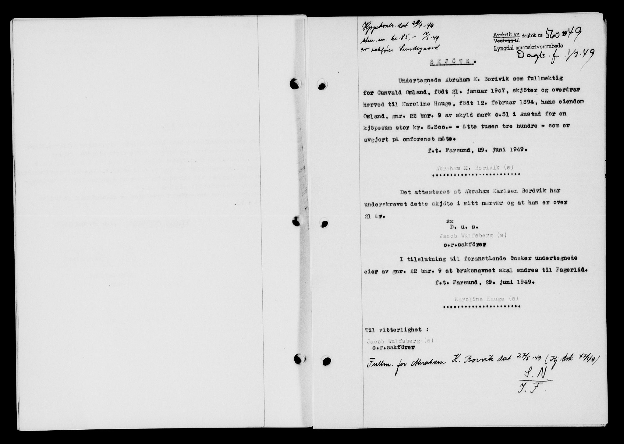 Lyngdal sorenskriveri, AV/SAK-1221-0004/G/Gb/L0663: Mortgage book no. A IX, 1948-1949, Diary no: : 560/1949