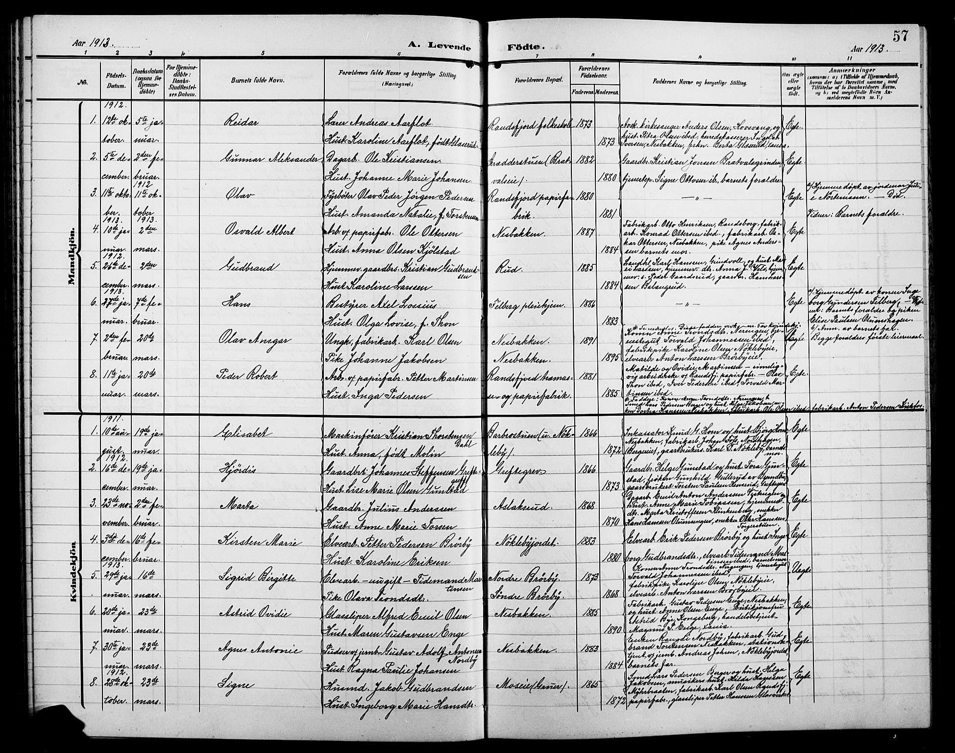 Jevnaker prestekontor, SAH/PREST-116/H/Ha/Hab/L0004: Parish register (copy) no. 4, 1907-1918, p. 57
