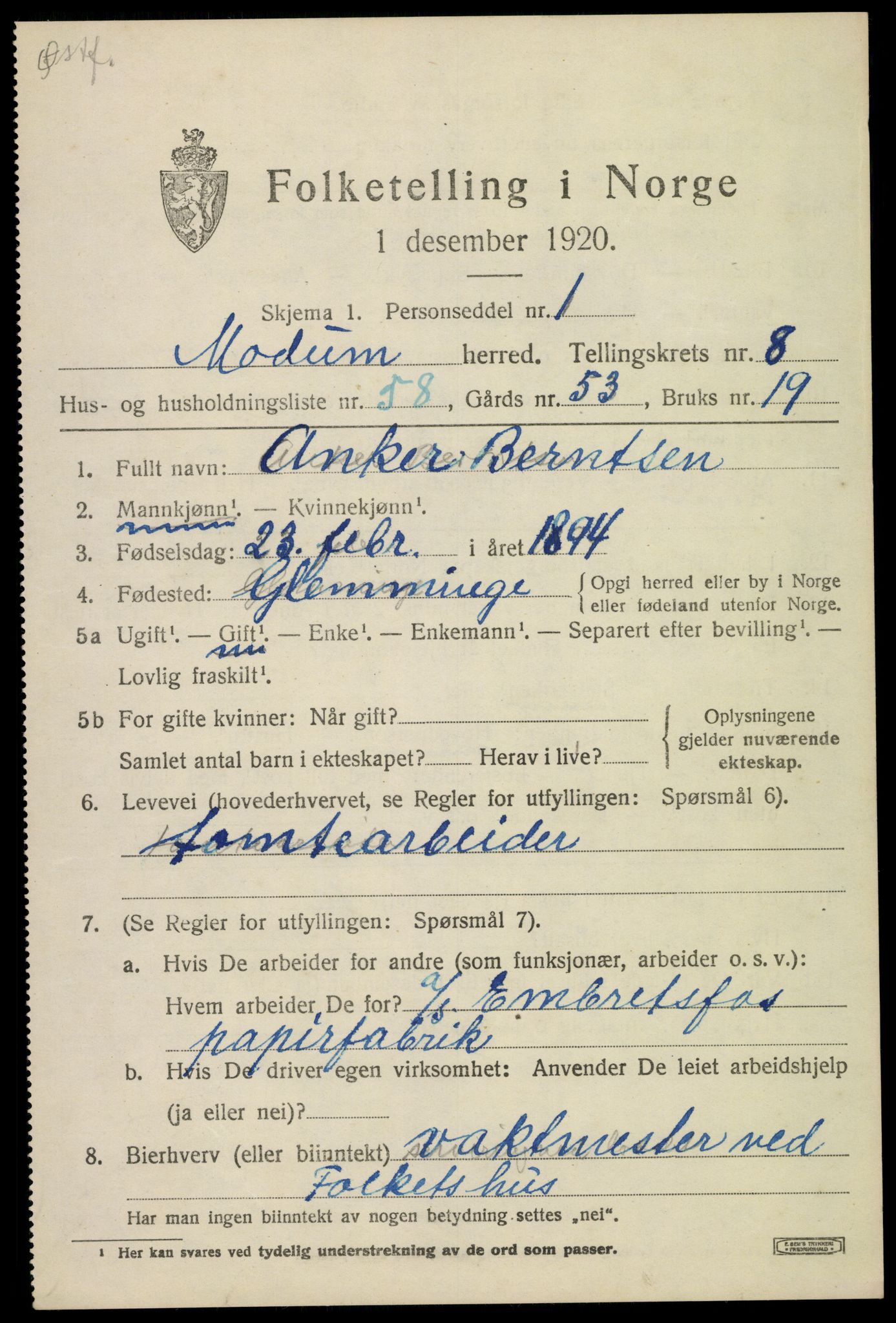 SAKO, 1920 census for Modum, 1920, p. 11061