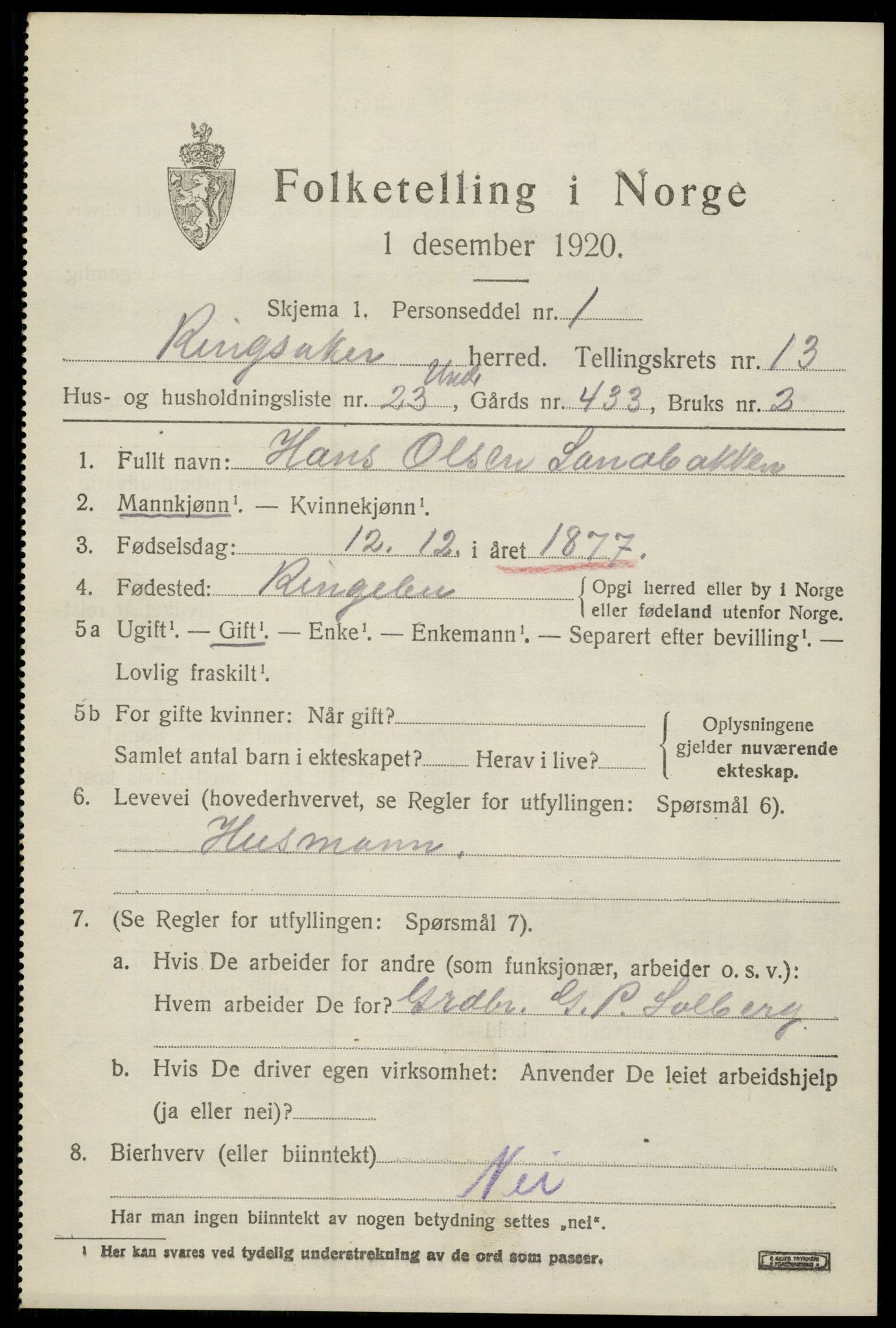 SAH, 1920 census for Ringsaker, 1920, p. 20936