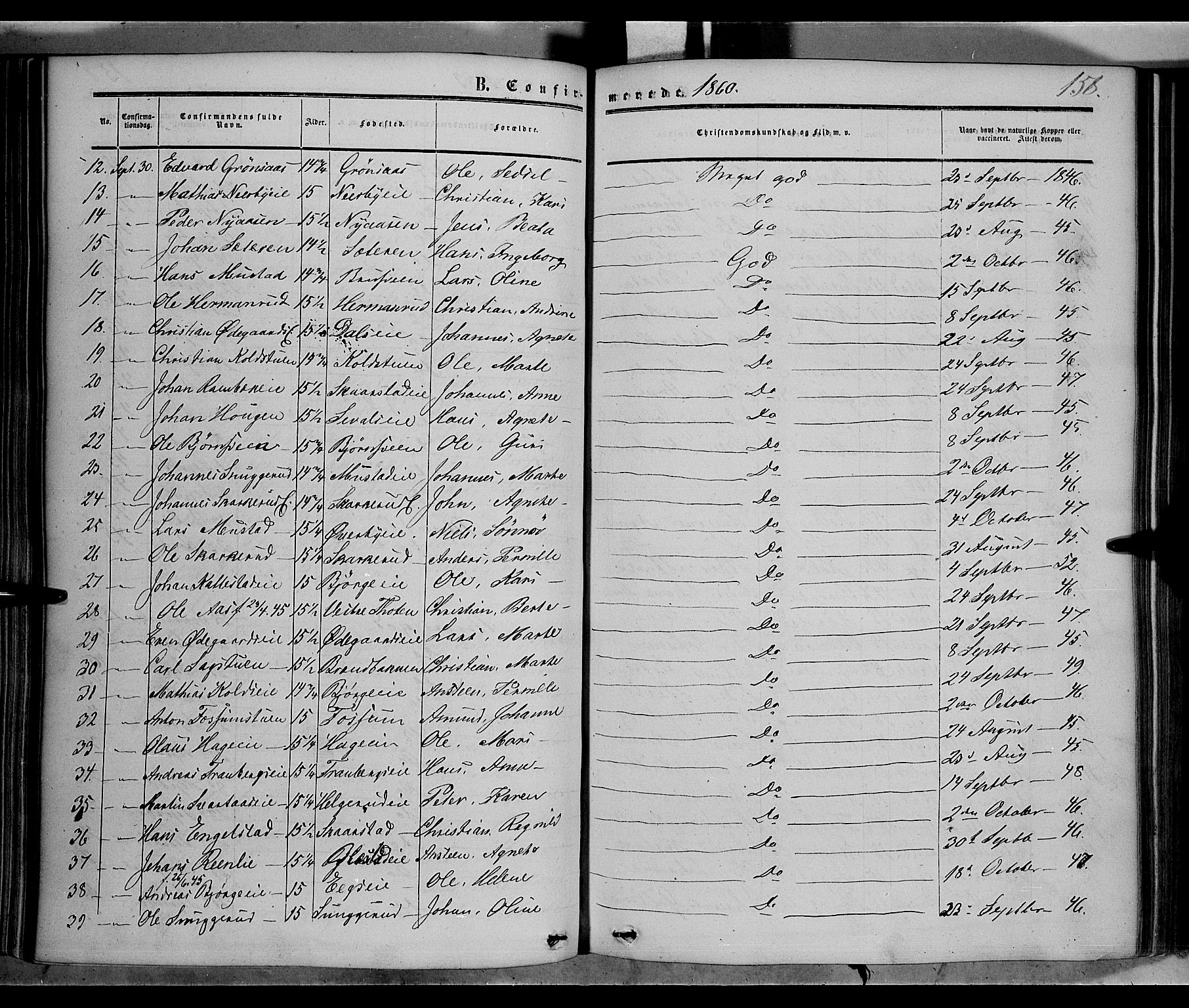Vardal prestekontor, SAH/PREST-100/H/Ha/Haa/L0006: Parish register (official) no. 6, 1854-1866, p. 158