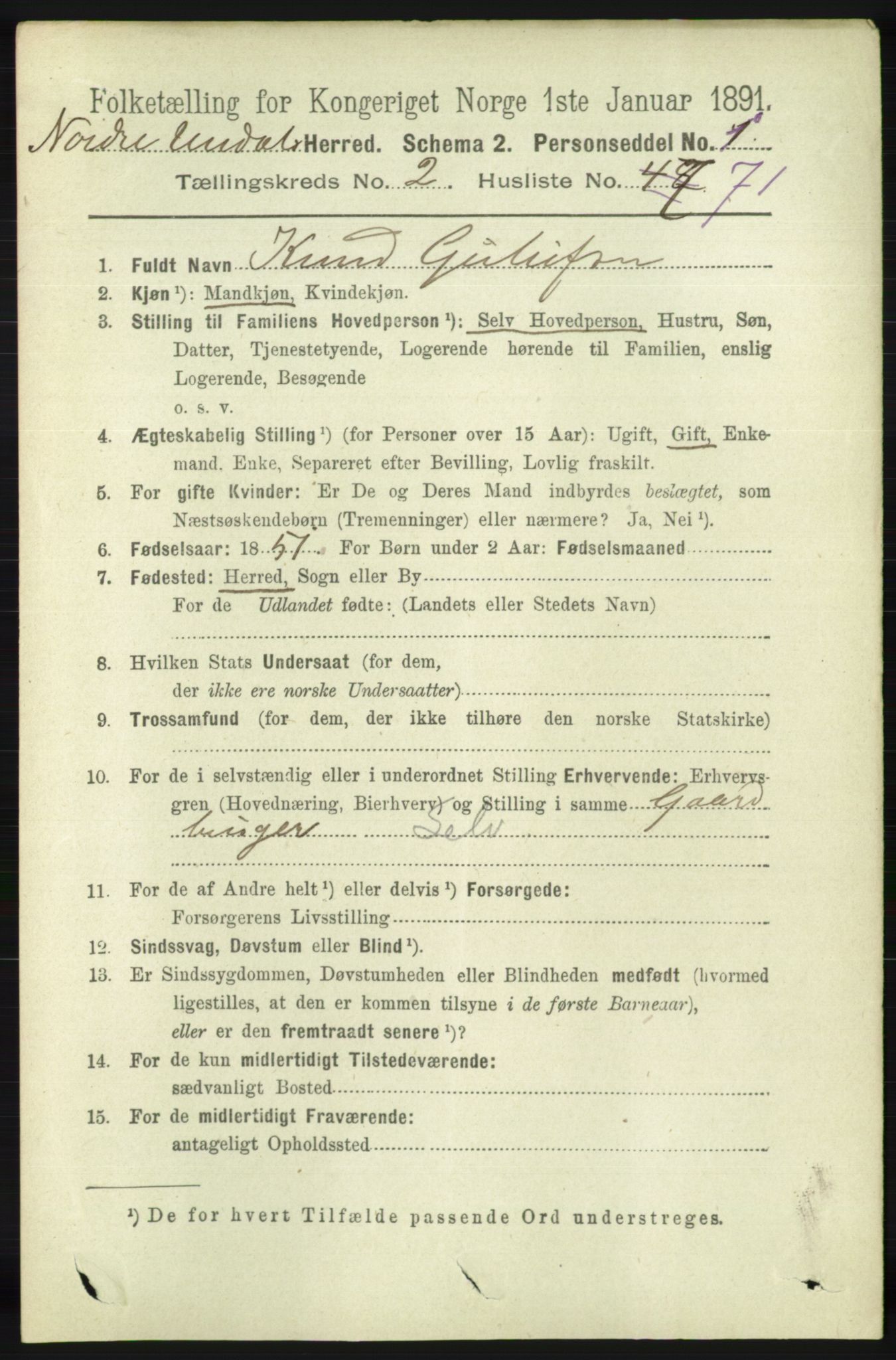 RA, 1891 census for 1028 Nord-Audnedal, 1891, p. 699