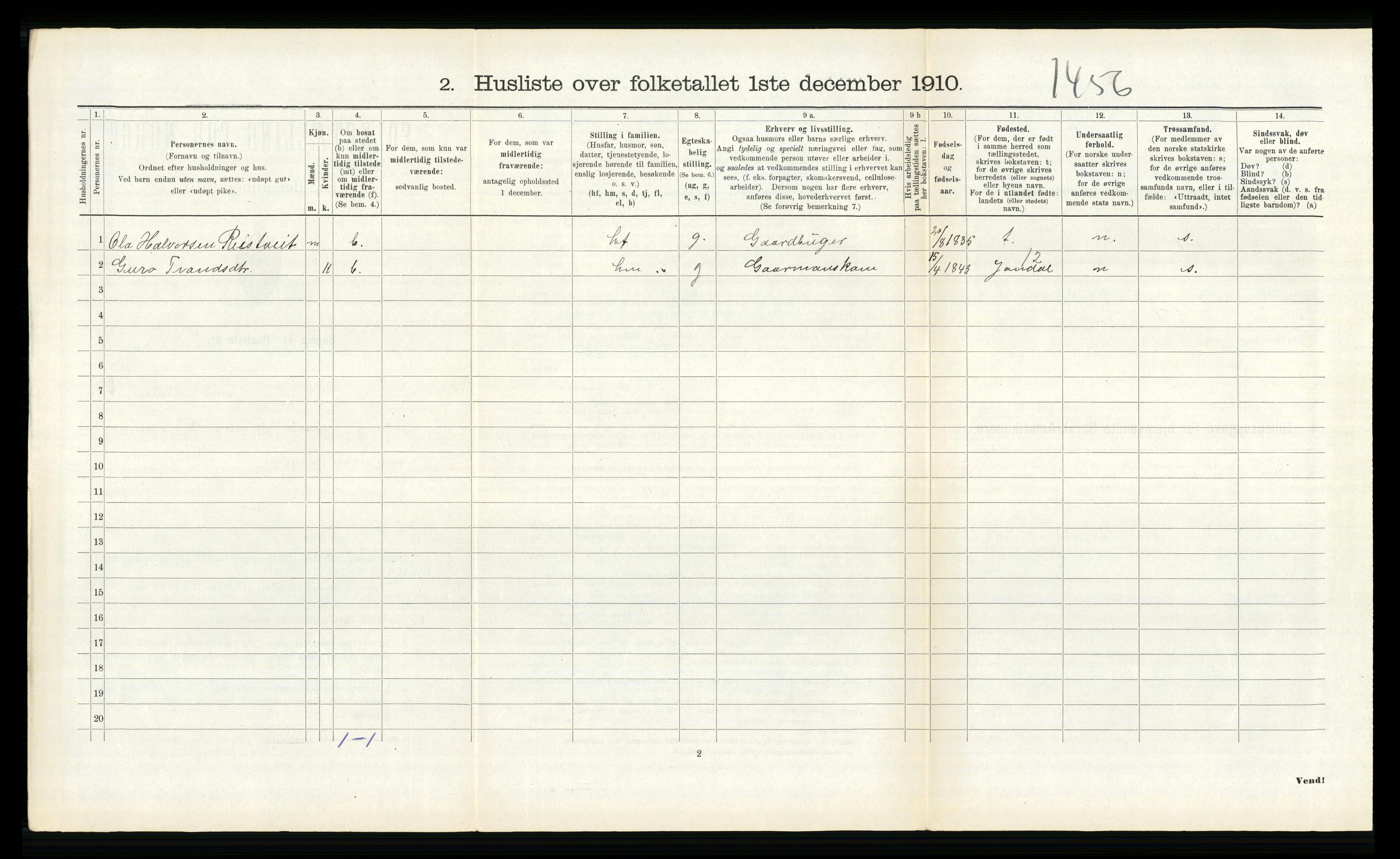 RA, 1910 census for Kvam, 1910, p. 558