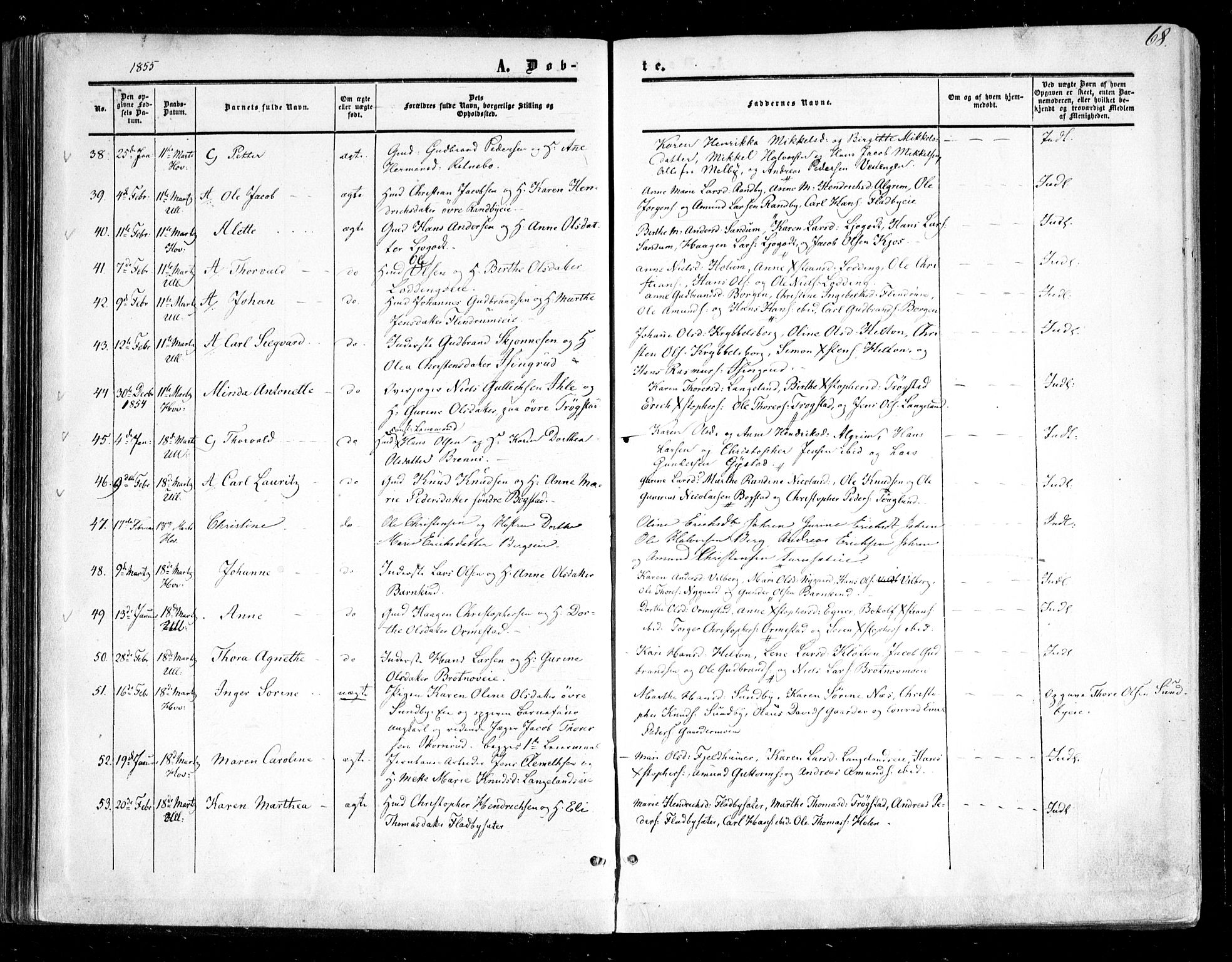 Ullensaker prestekontor Kirkebøker, SAO/A-10236a/F/Fa/L0015.a: Parish register (official) no. I 15A, 1851-1862, p. 68