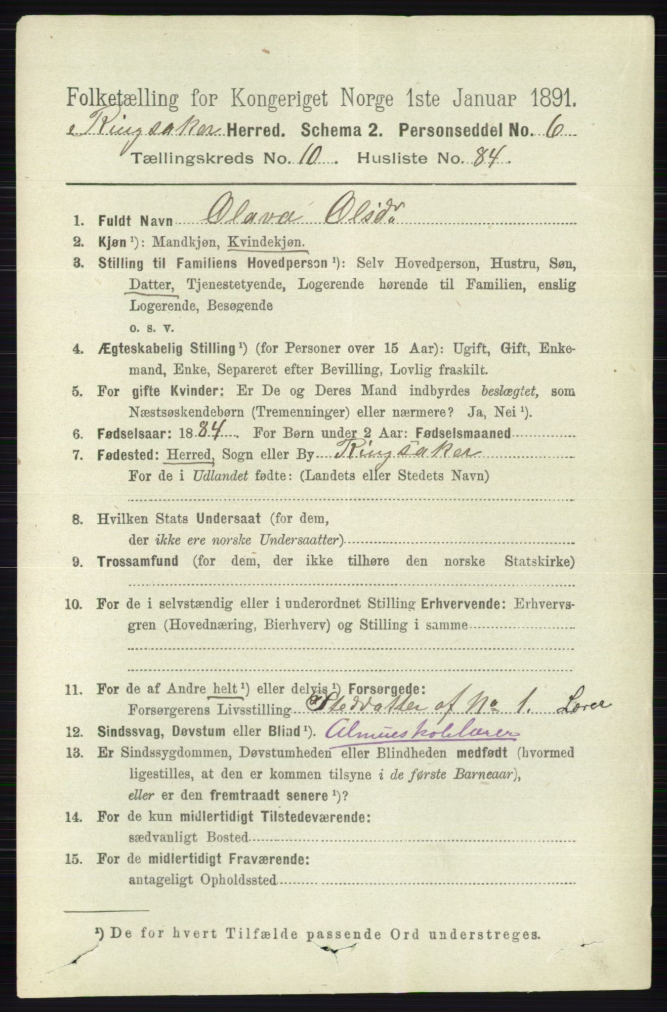 RA, 1891 census for 0412 Ringsaker, 1891, p. 6163