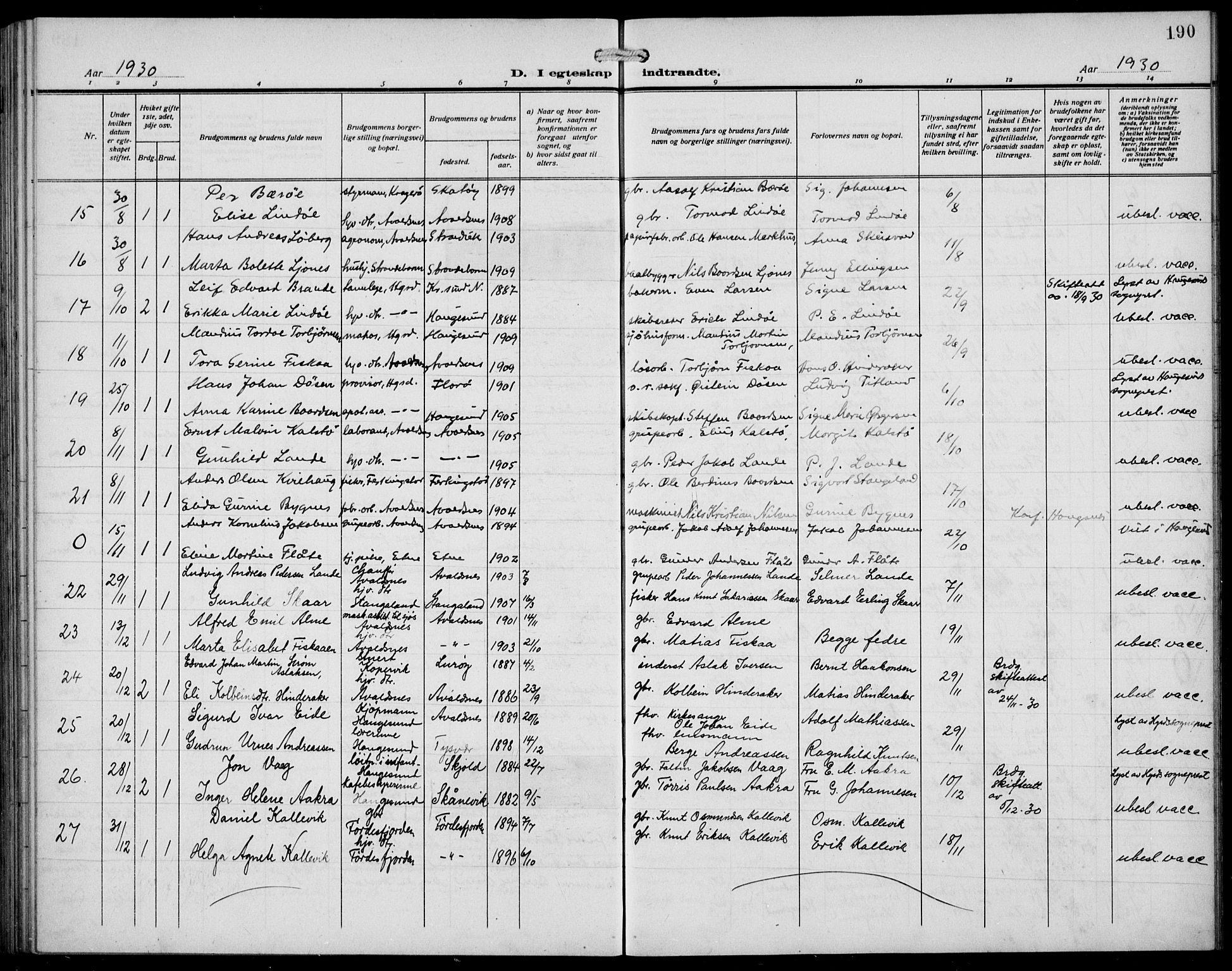 Avaldsnes sokneprestkontor, SAST/A -101851/H/Ha/Hab/L0008: Parish register (copy) no. B 8, 1910-1939, p. 190