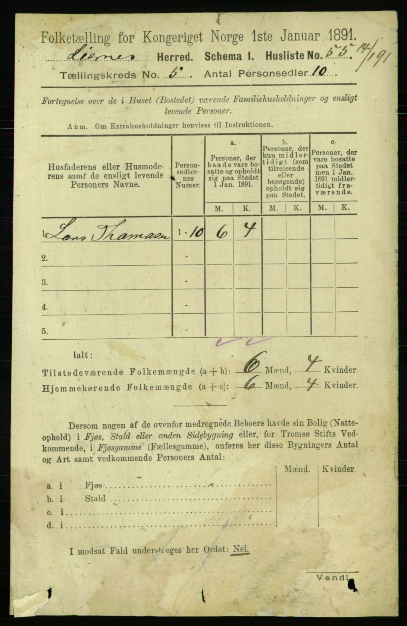 RA, 1891 census for 1737 Lierne, 1891, p. 1422