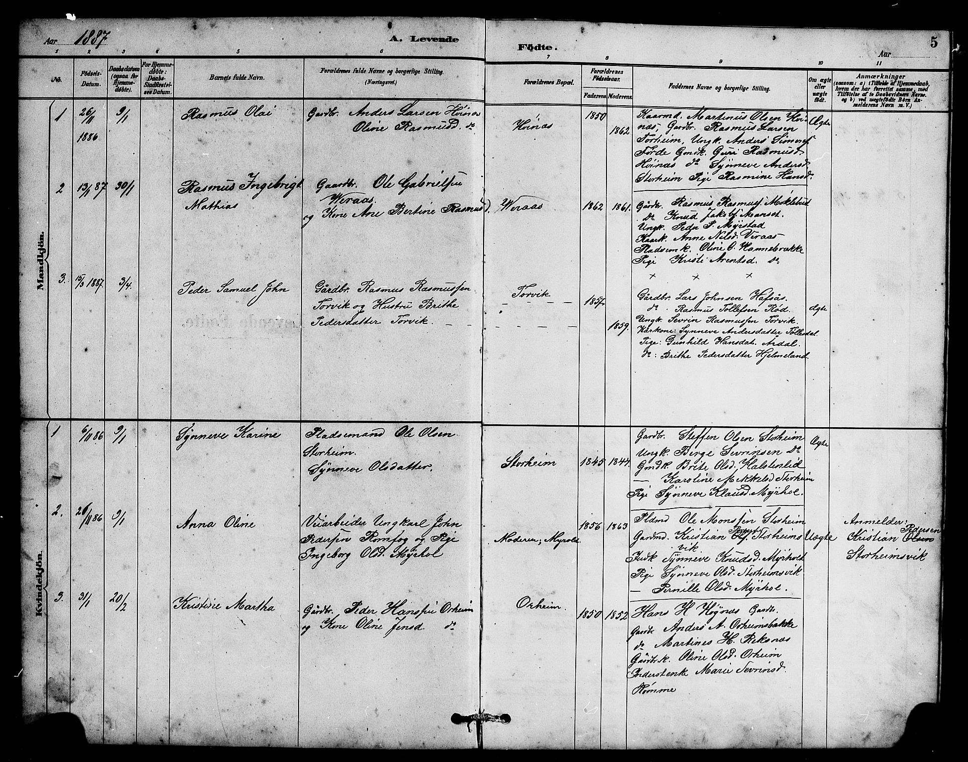 Eid sokneprestembete, SAB/A-82301/H/Hab/Habc/L0002: Parish register (copy) no. C 2, 1887-1906, p. 5