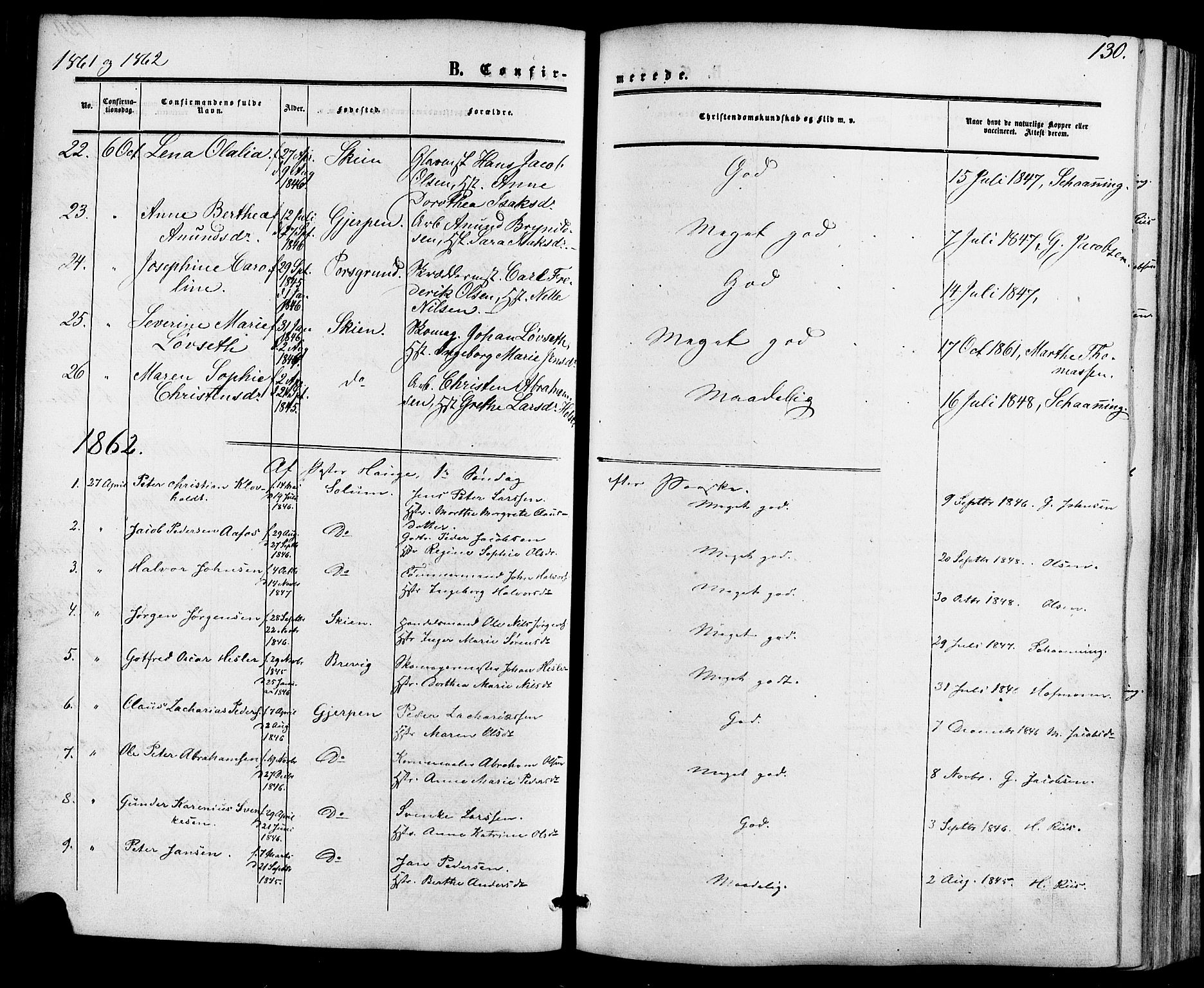 Skien kirkebøker, SAKO/A-302/F/Fa/L0007: Parish register (official) no. 7, 1856-1865, p. 130