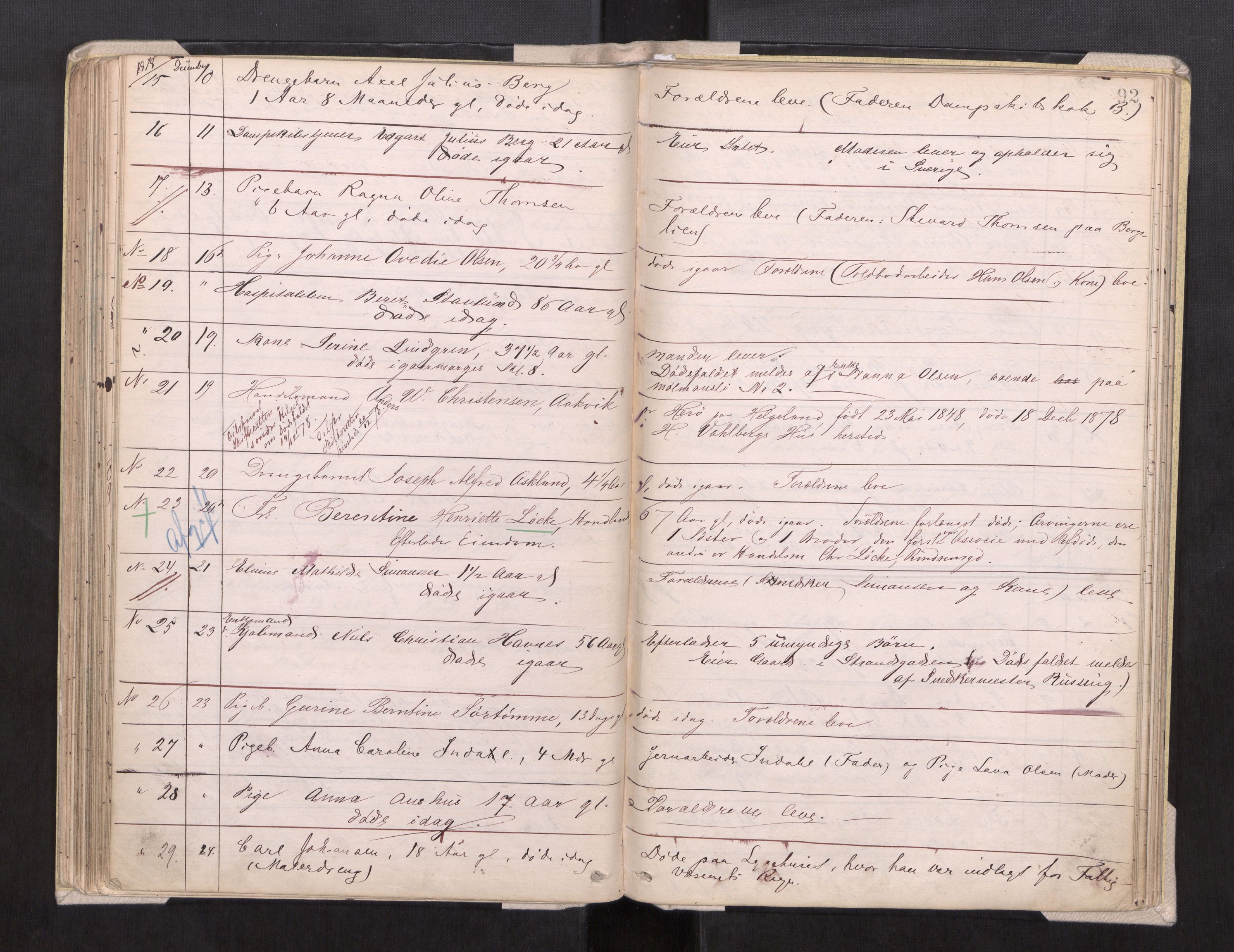 Trondheim byfogd, AV/SAT-A-0003/1/3/3L/L0002: Dødsanmeldelsesprotokoll, 1875-1879, p. 92
