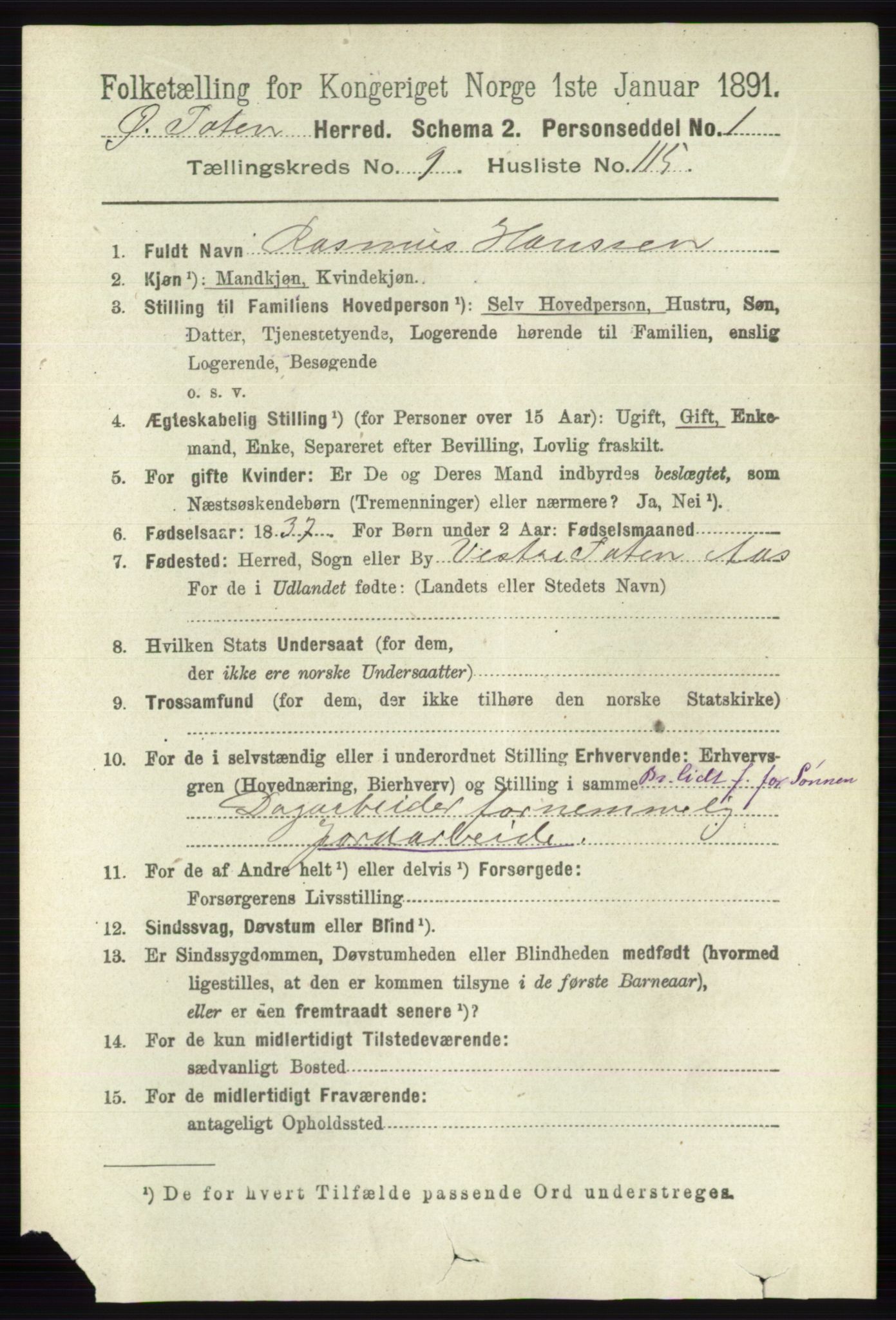 RA, 1891 census for 0528 Østre Toten, 1891, p. 6286