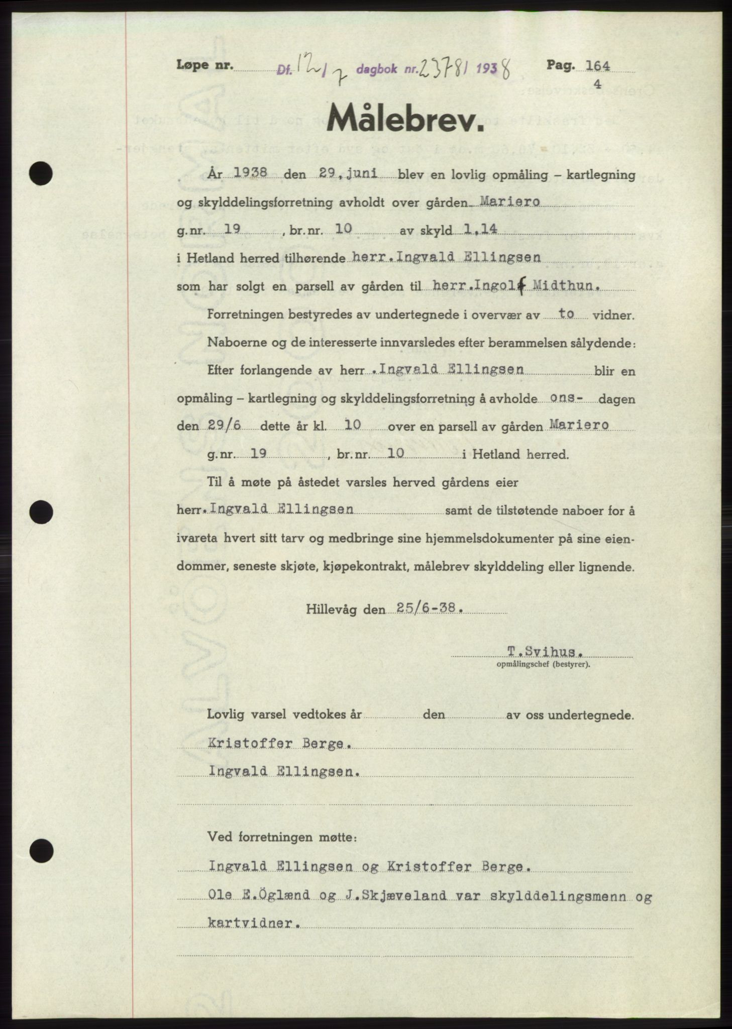 Jæren sorenskriveri, SAST/A-100310/03/G/Gba/L0071: Mortgage book, 1938-1938, Diary no: : 2378/1938