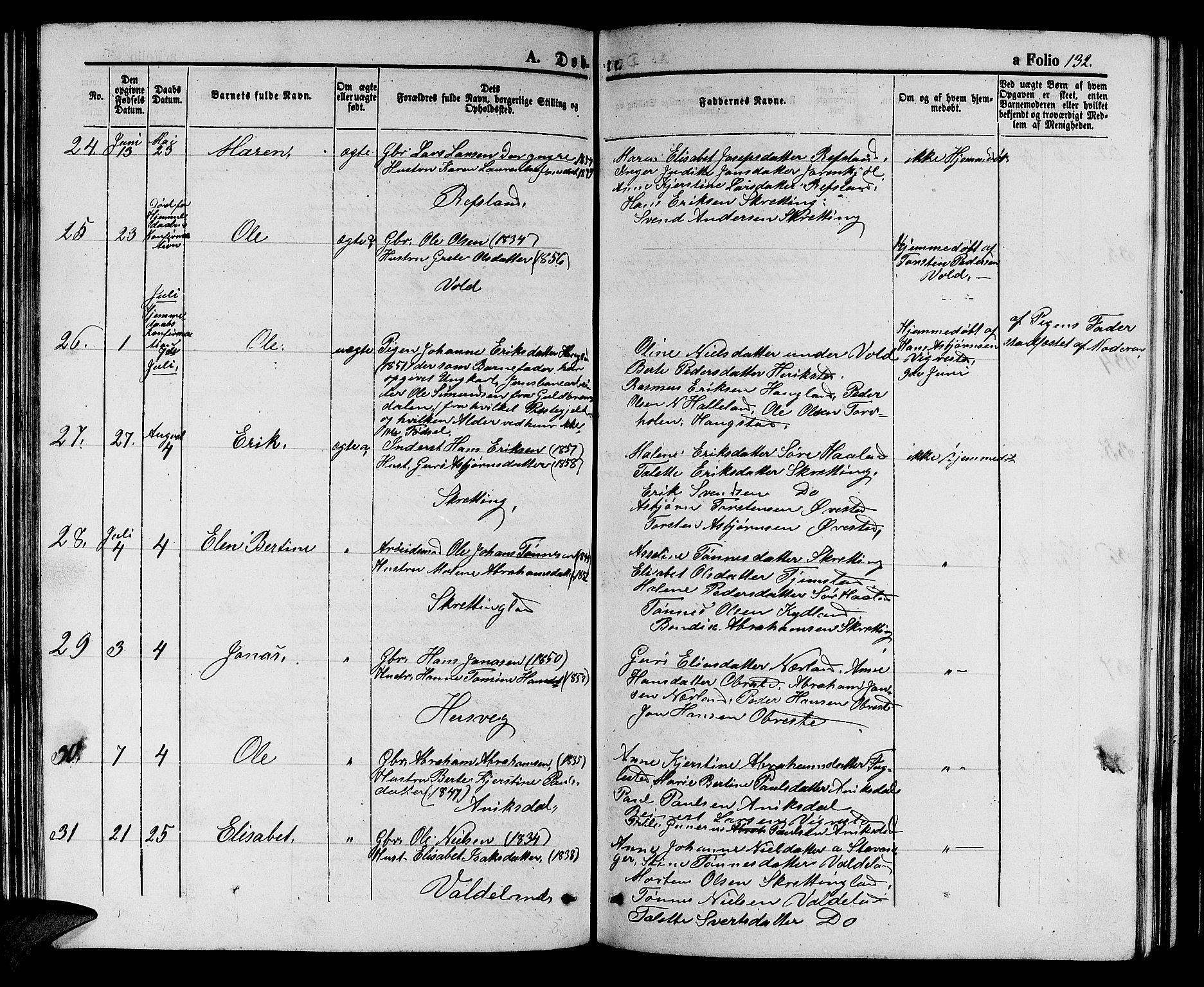 Hå sokneprestkontor, AV/SAST-A-101801/001/30BB/L0002: Parish register (copy) no. B 2, 1854-1883, p. 132