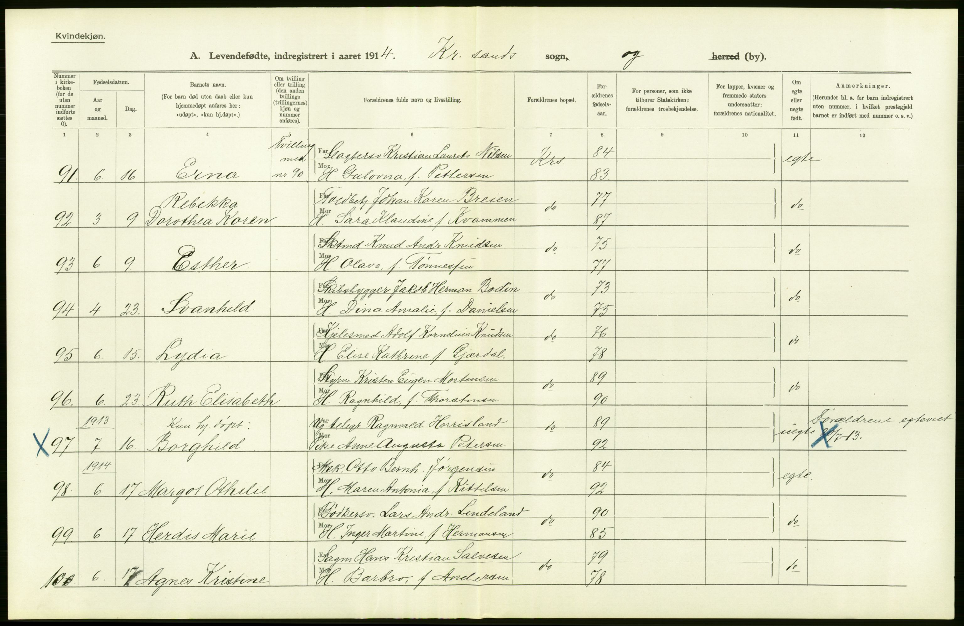 Statistisk sentralbyrå, Sosiodemografiske emner, Befolkning, AV/RA-S-2228/D/Df/Dfb/Dfbd/L0022: Lister og Mandals amt: Levendefødte menn og kvinner, samt gifte. Bygder og byer., 1914, p. 52