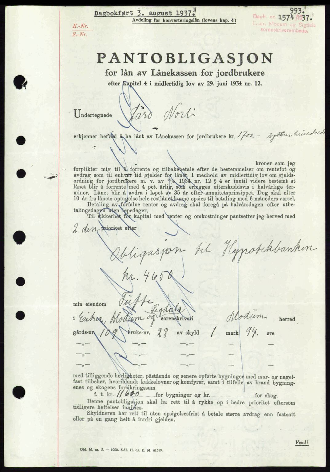 Eiker, Modum og Sigdal sorenskriveri, SAKO/A-123/G/Ga/Gab/L0035: Mortgage book no. A5, 1937-1937, Diary no: : 1574/1937