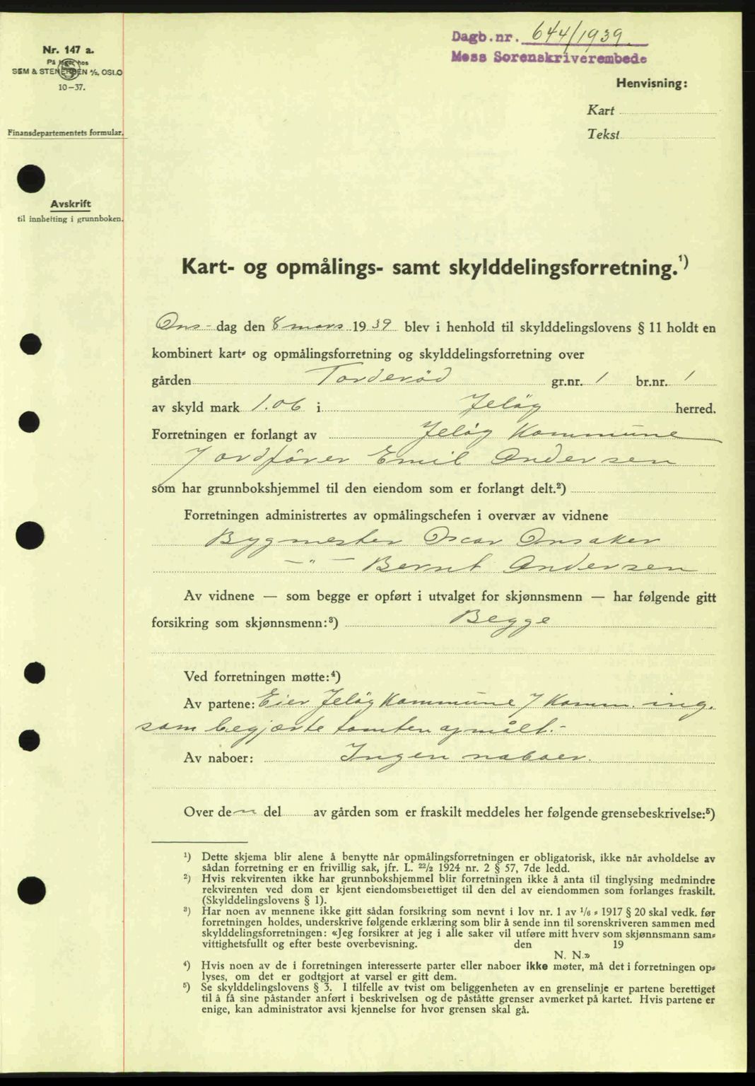 Moss sorenskriveri, SAO/A-10168: Mortgage book no. A5, 1938-1939, Diary no: : 644/1939