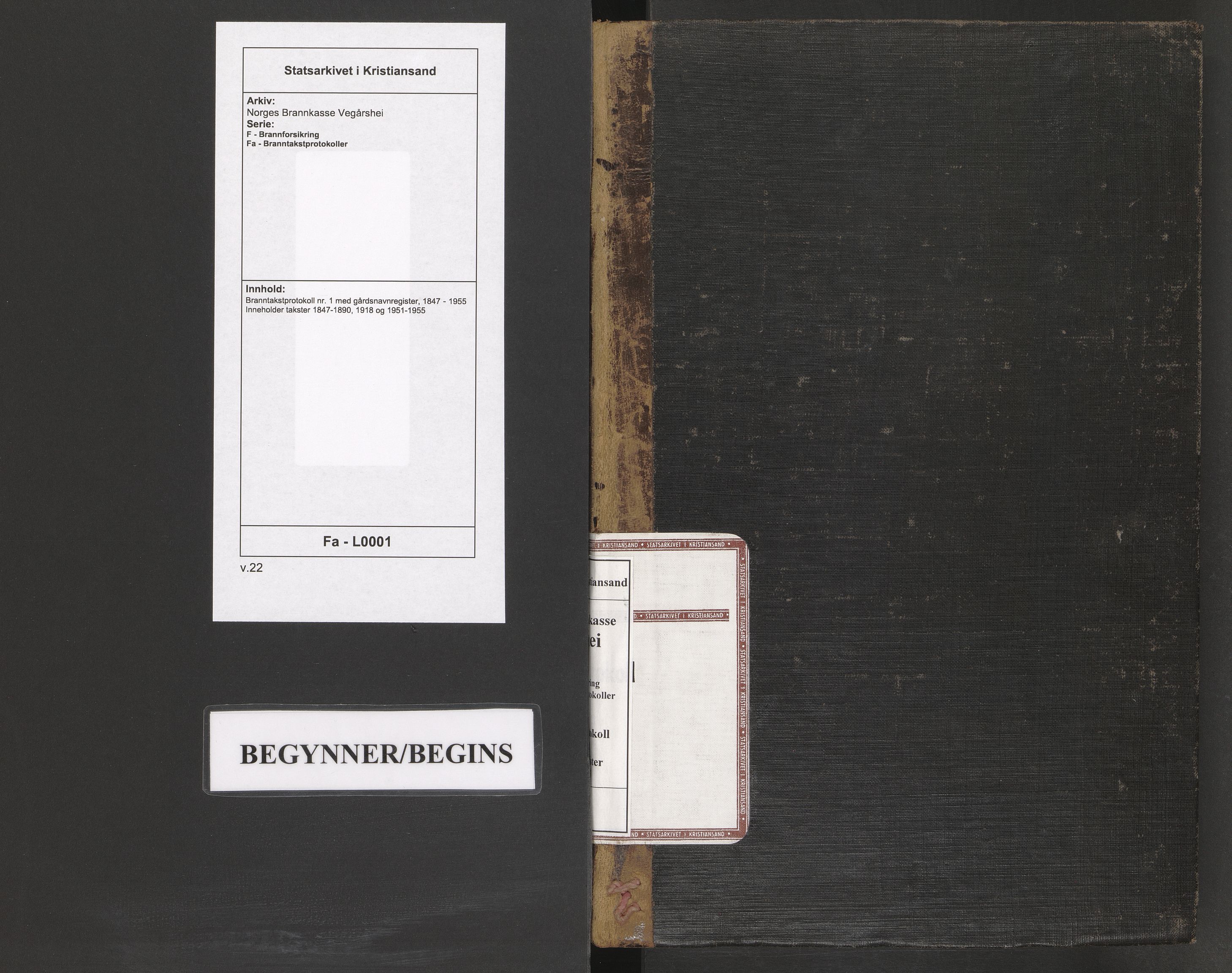 Norges Brannkasse Vegårshei, SAK/2241-0054/F/Fa/L0001: Branntakstprotokoll nr. 1 med gårdsnavnregister, 1847-1955