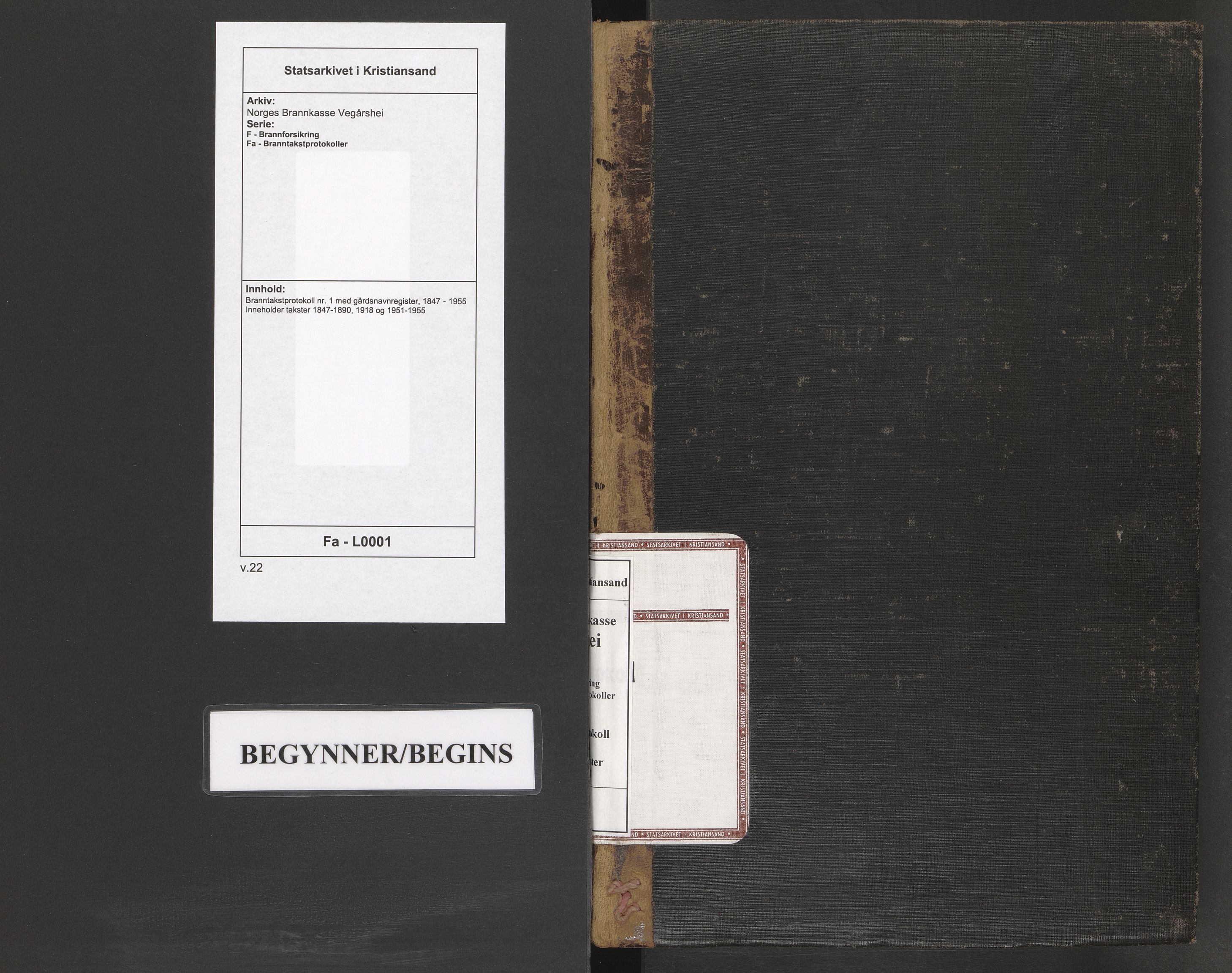 Norges Brannkasse Vegårshei, AV/SAK-2241-0054/F/Fa/L0001: Branntakstprotokoll nr. 1 med gårdsnavnregister, 1847-1955