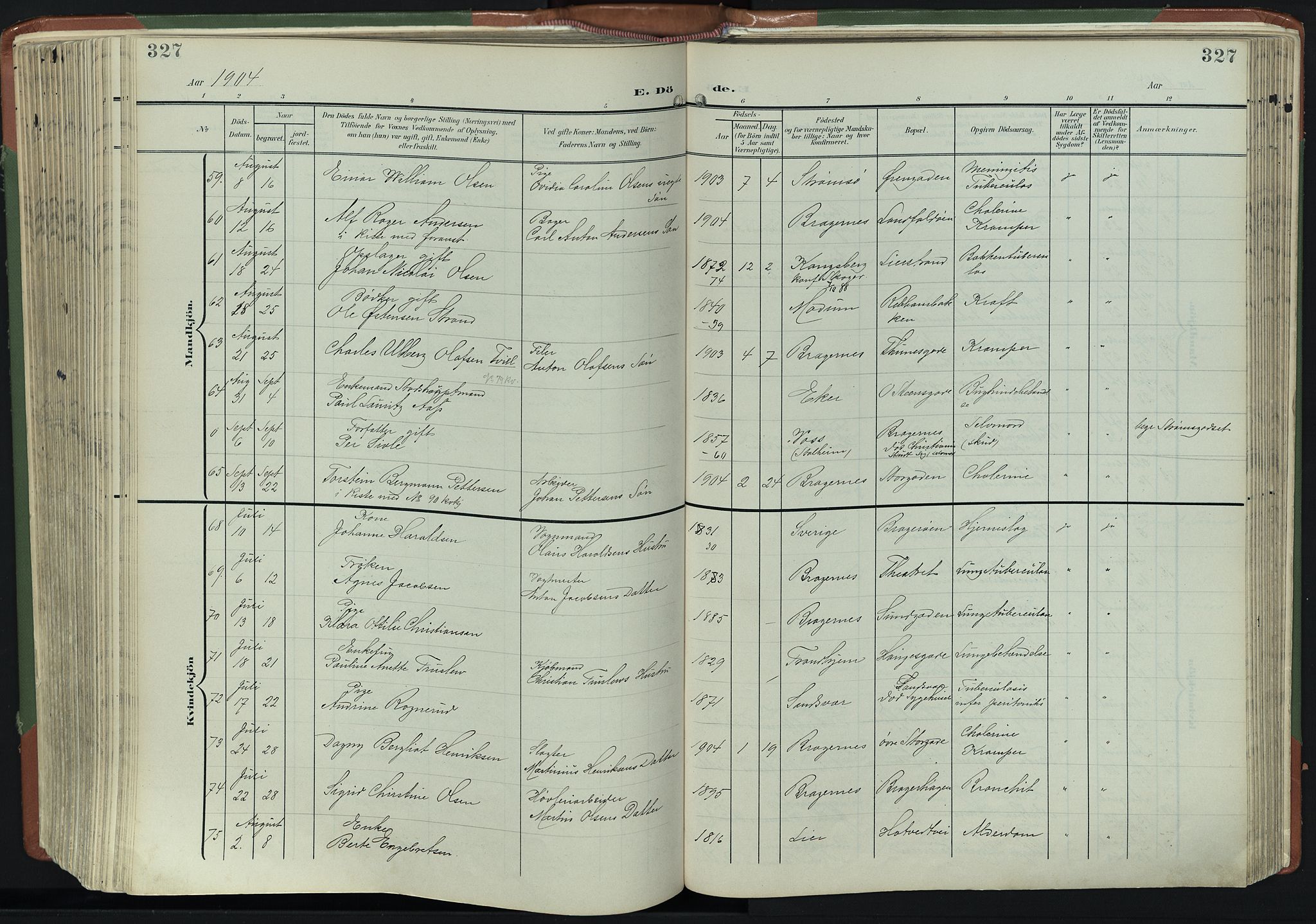 Bragernes kirkebøker, SAKO/A-6/F/Fb/L0009: Parish register (official) no. II 9, 1902-1911, p. 327
