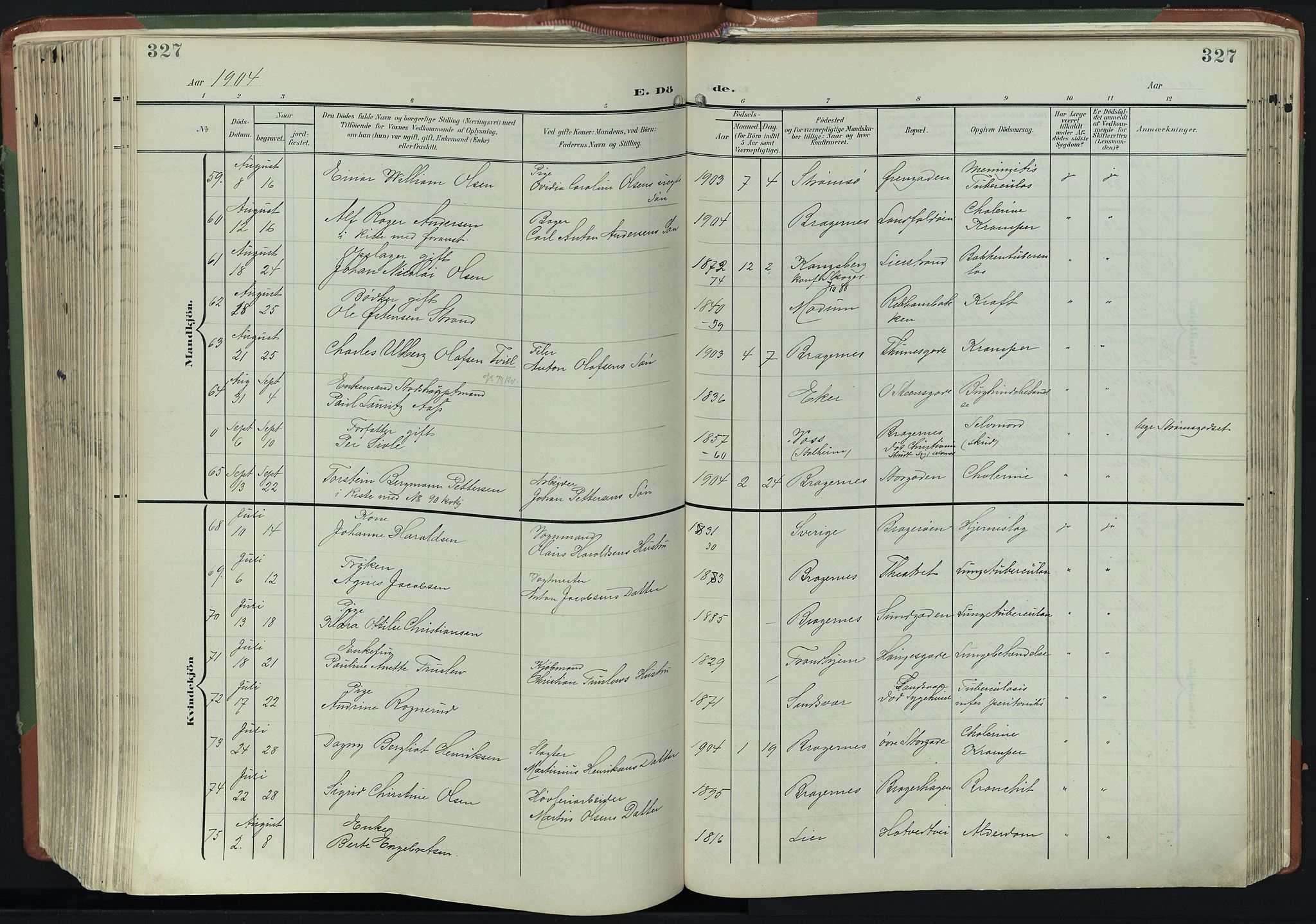 Bragernes kirkebøker, AV/SAKO-A-6/F/Fb/L0009: Parish register (official) no. II 9, 1902-1911, p. 327