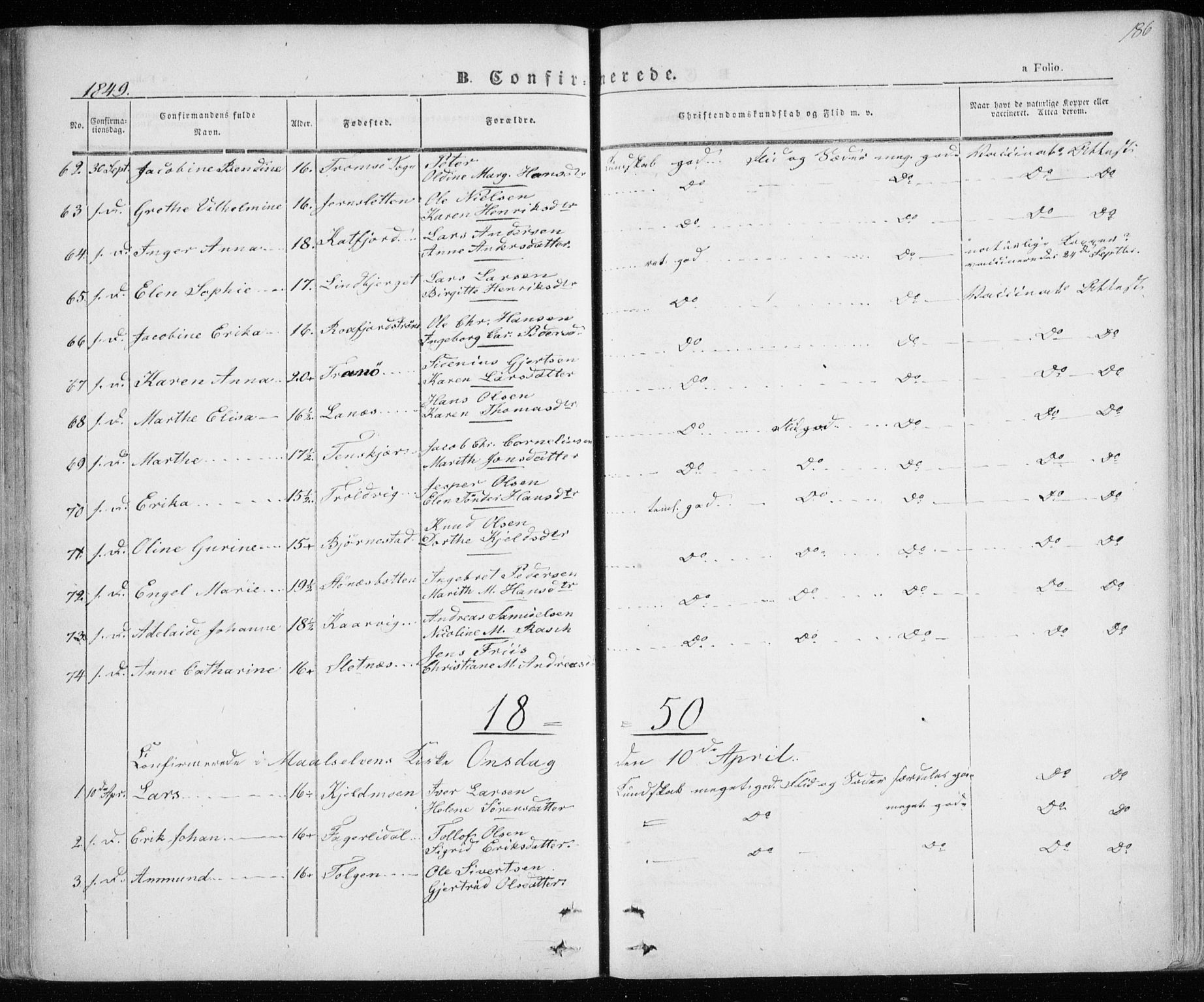Lenvik sokneprestembete, SATØ/S-1310/H/Ha/Haa/L0006kirke: Parish register (official) no. 6, 1845-1854, p. 186