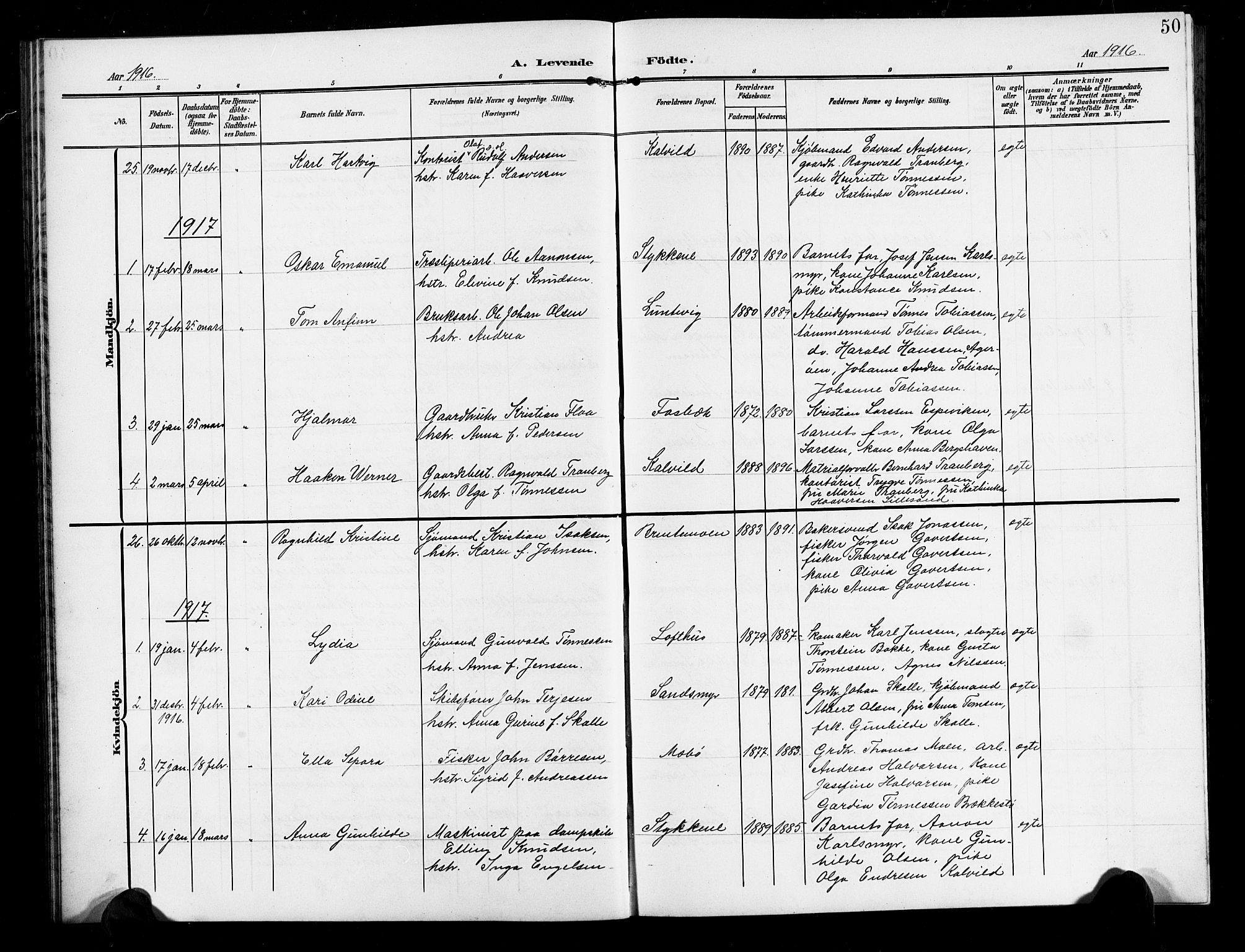 Vestre Moland sokneprestkontor, SAK/1111-0046/F/Fb/Fbb/L0007: Parish register (copy) no. B 7, 1906-1929, p. 50