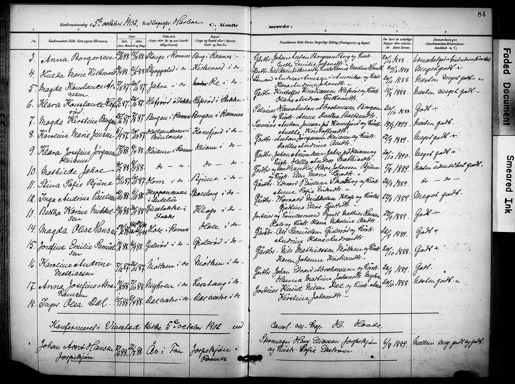 Ramnes kirkebøker, AV/SAKO-A-314/F/Fa/L0008: Parish register (official) no. I 8, 1896-1913, p. 84