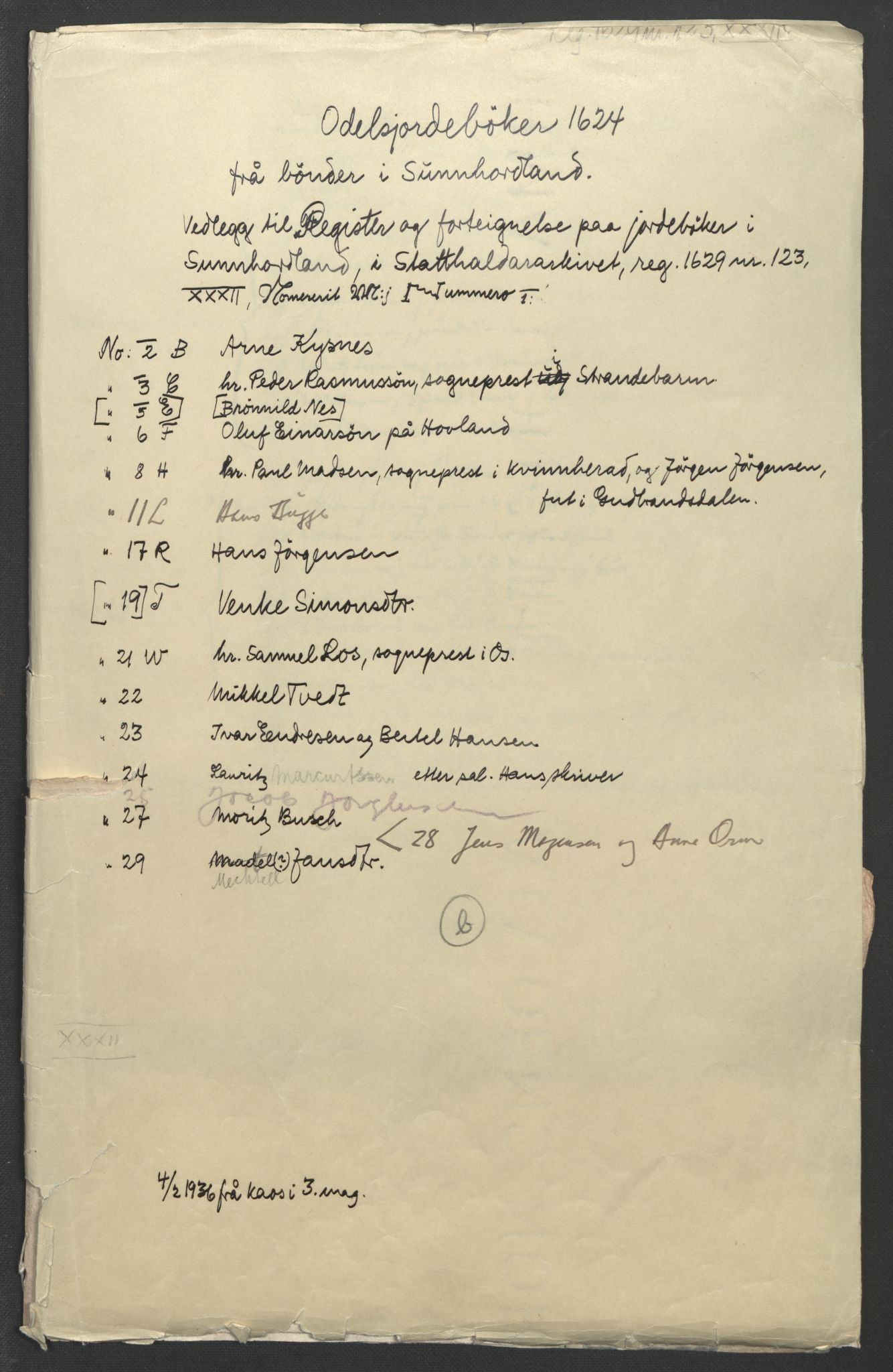 Stattholderembetet 1572-1771, AV/RA-EA-2870/Ek/L0011/0001: Jordebøker til utlikning av rosstjeneste 1624-1626: / Odelsjordebøker for Bergenhus len, 1624, p. 45