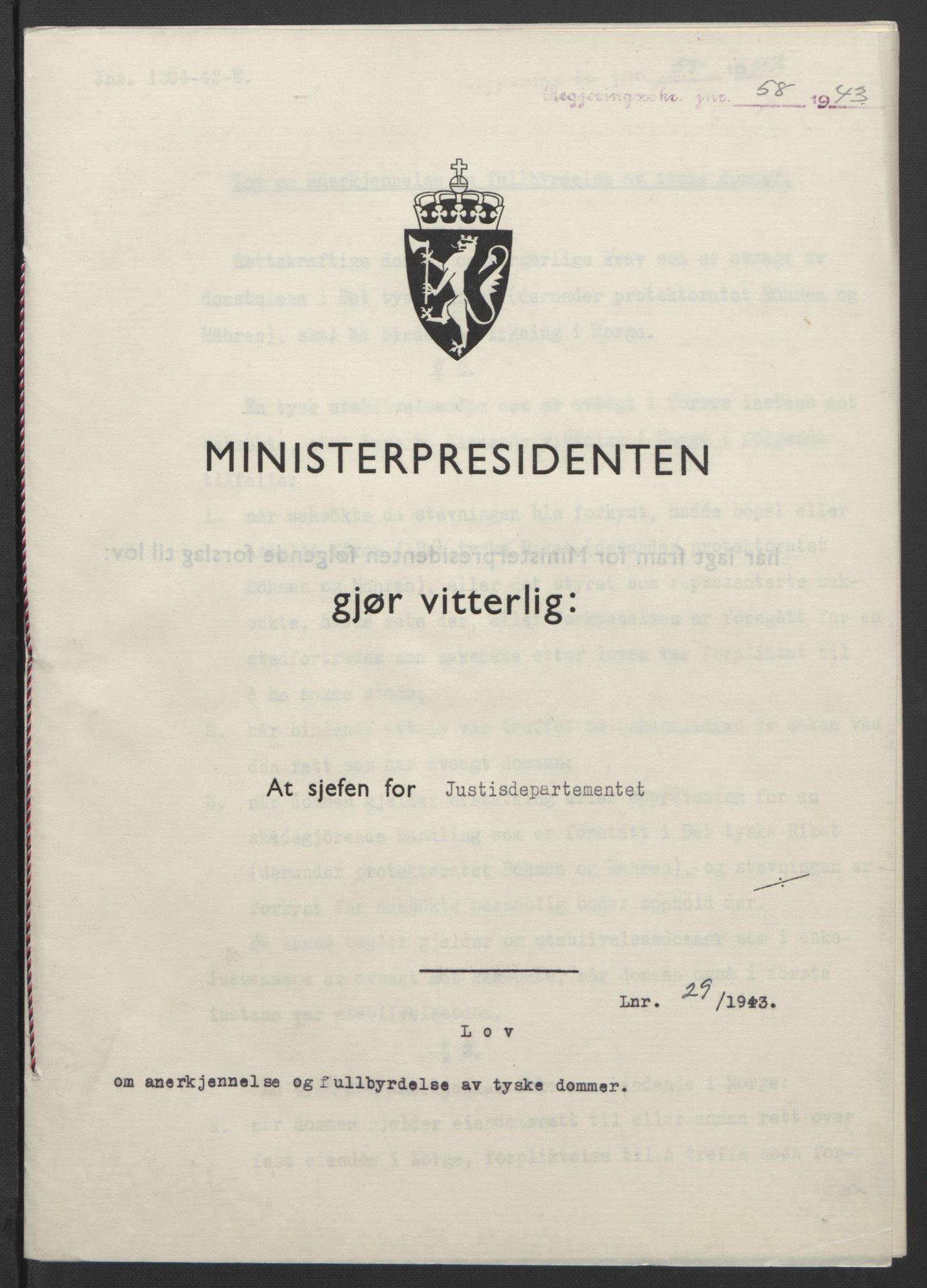 NS-administrasjonen 1940-1945 (Statsrådsekretariatet, de kommisariske statsråder mm), RA/S-4279/D/Db/L0099: Lover, 1943, p. 119