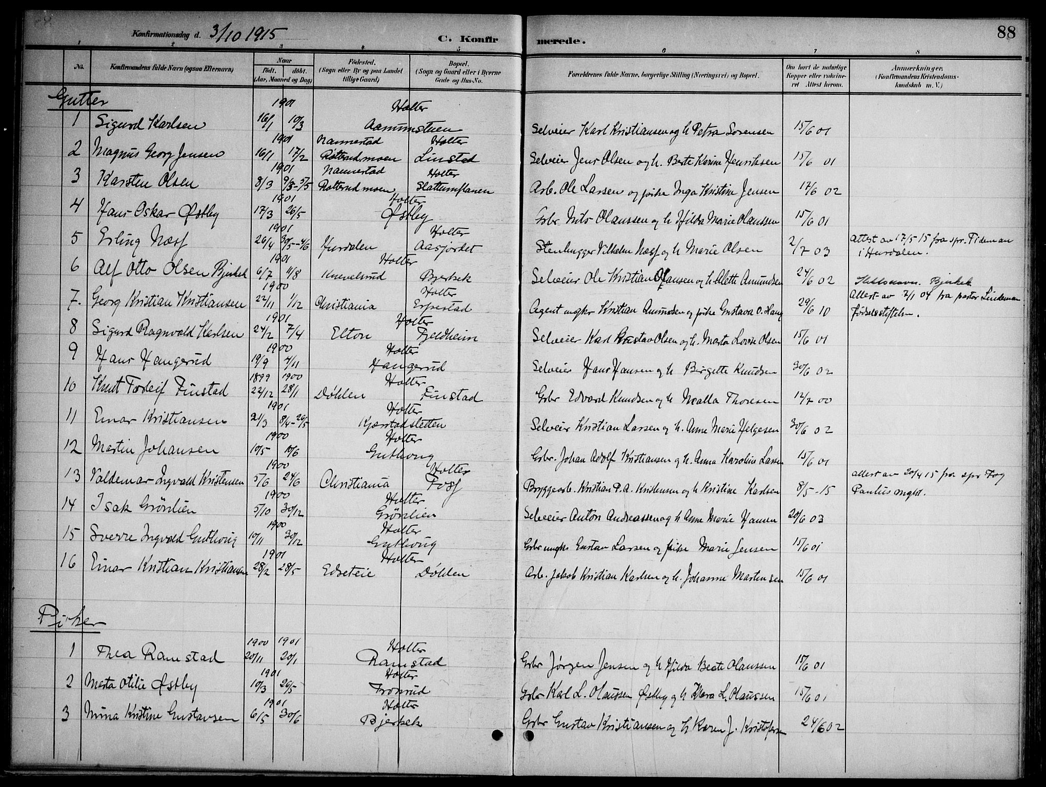 Nannestad prestekontor Kirkebøker, SAO/A-10414a/G/Gb/L0001: Parish register (copy) no. II 1, 1901-1917, p. 88