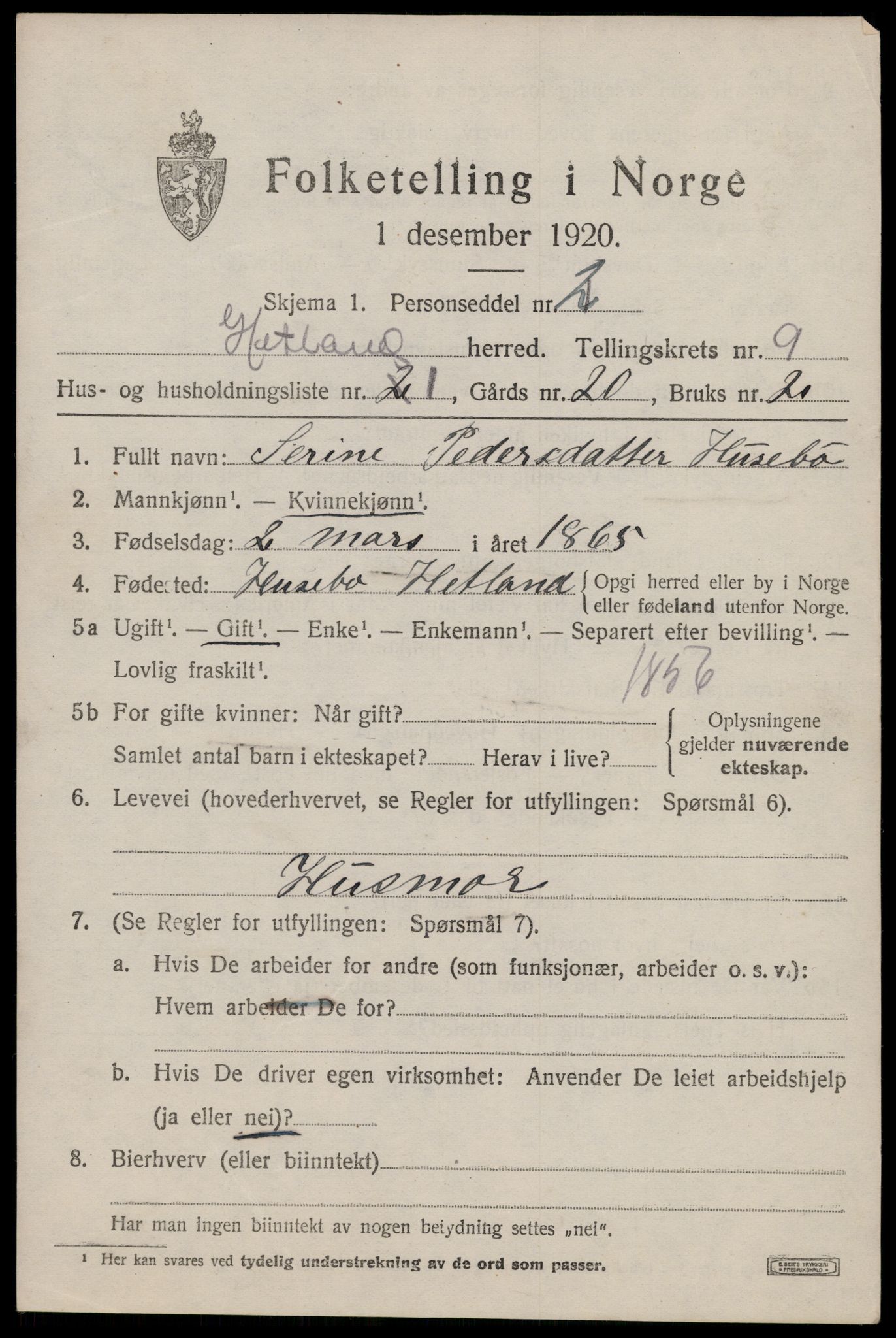 SAST, 1920 census for Hetland, 1920, p. 17719