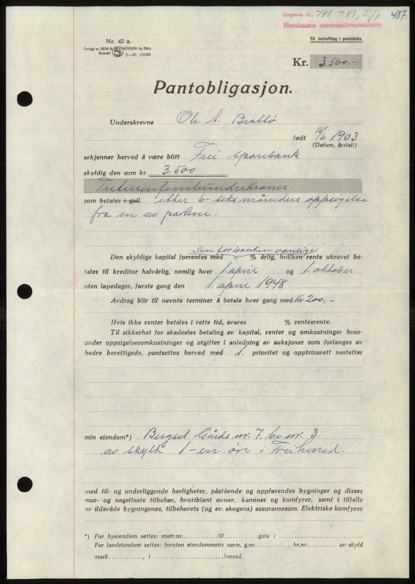 Nordmøre sorenskriveri, AV/SAT-A-4132/1/2/2Ca: Mortgage book no. B98, 1948-1948, Diary no: : 748/1948