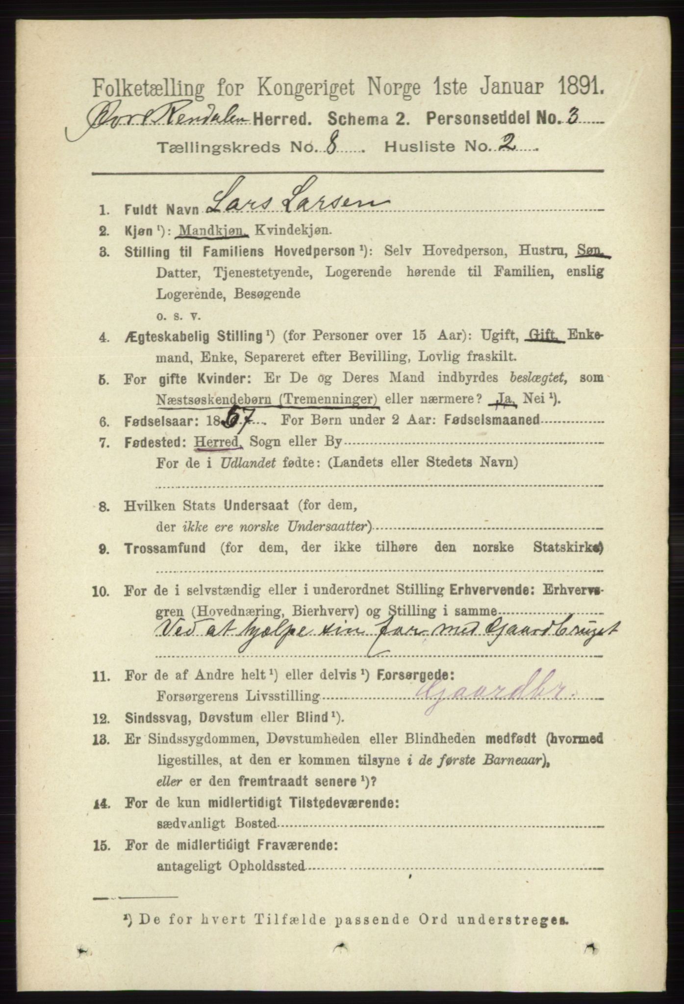 RA, 1891 census for 0433 Øvre Rendal, 1891, p. 2002