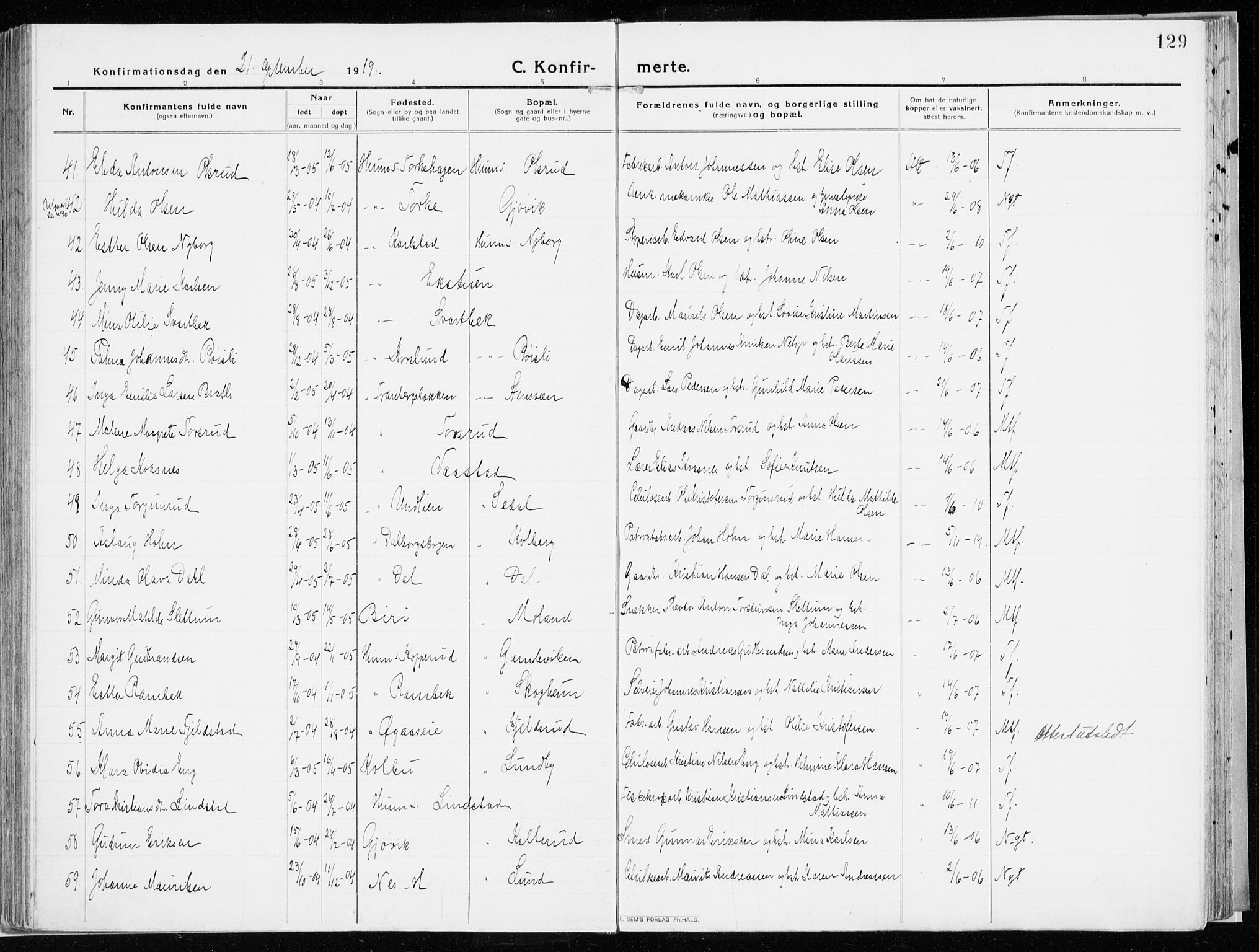 Vardal prestekontor, AV/SAH-PREST-100/H/Ha/Haa/L0017: Parish register (official) no. 17, 1915-1929, p. 129